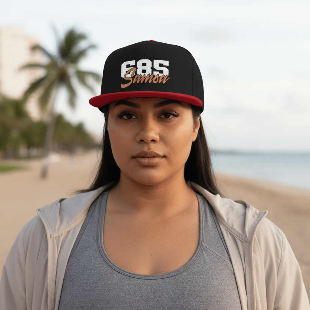 Fulfill Engine flat bill snapback hat in black with white and gold Samoa embroidery, one size, designed for AU, NZ, and USA.