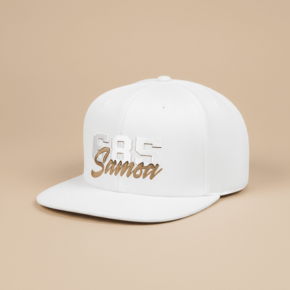 Flat Bill Snapback Hat - 685 Samoa - White & Gold Embroidery - AU/NZ/USA - The Koko Samoa