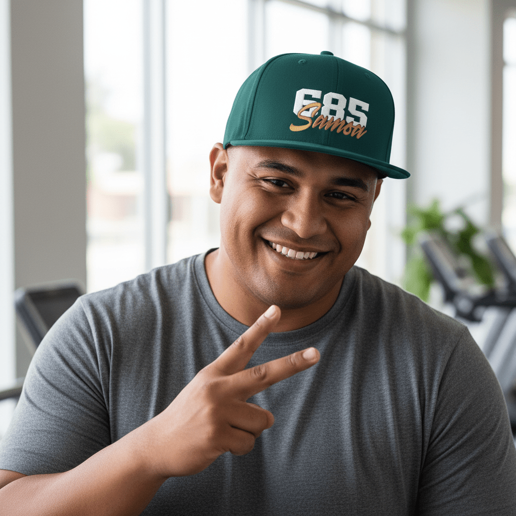 Fulfill Engine Flat Bill Snapback Hat in black with white and gold Samoa embroidery, adjustable one-size cap for AU, NZ, and US.