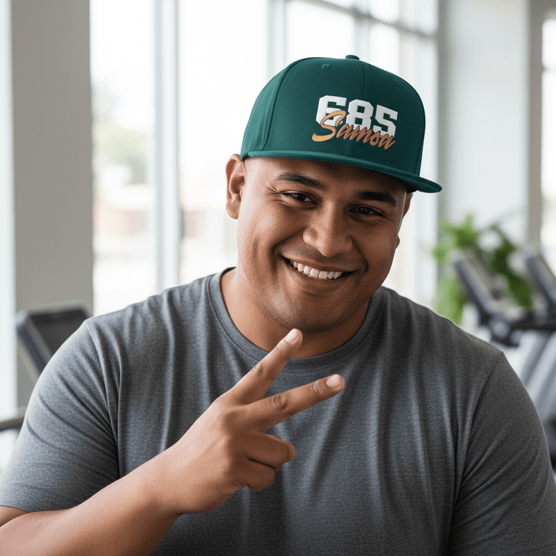 Flat Bill Snapback Hat - 685 Samoa - White & Gold Embroidery - AU/NZ/USA - The Koko Samoa