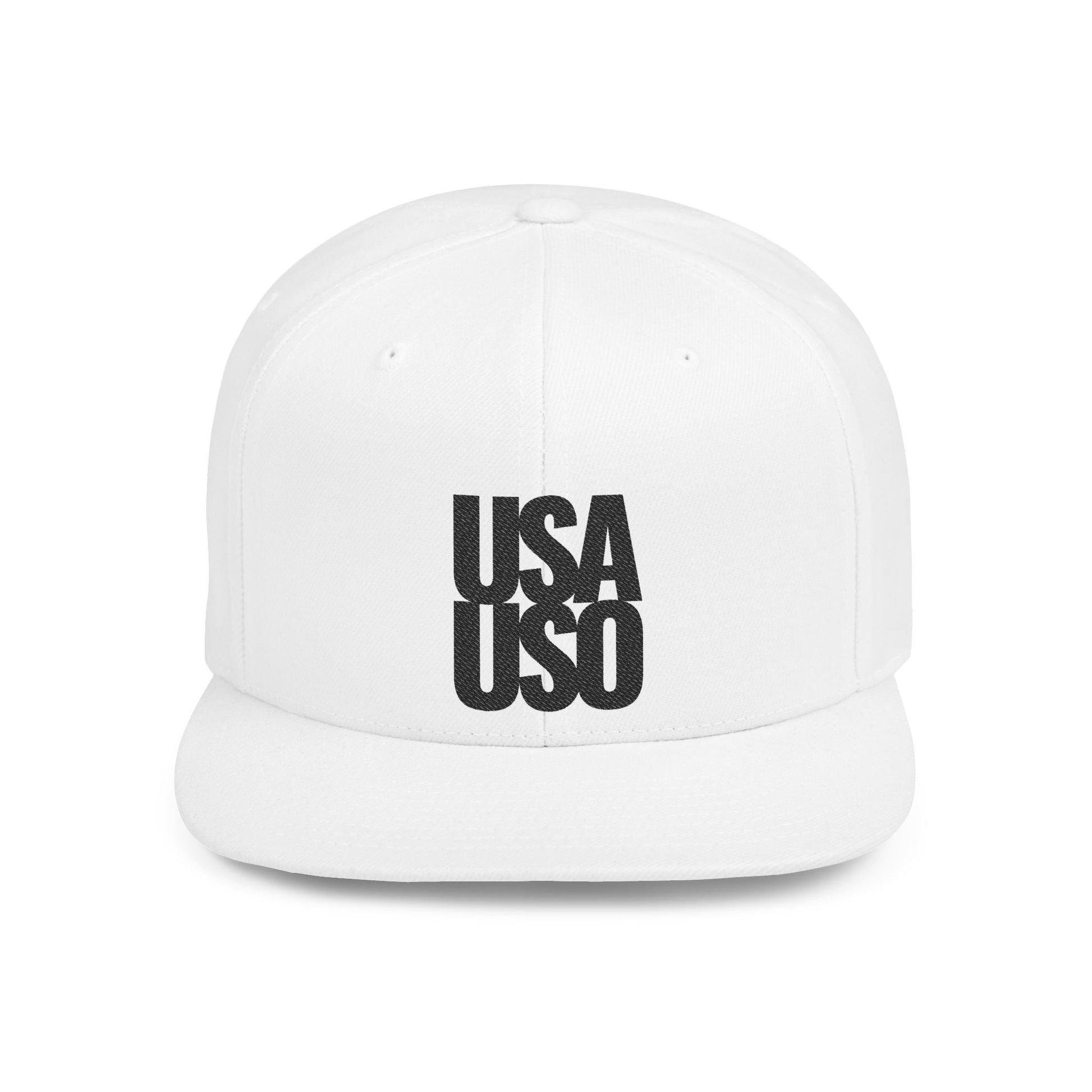 Black Fulfill Engine flat bill snapback hat with USA USO embroidery, featuring a modern design and adjustable fit.