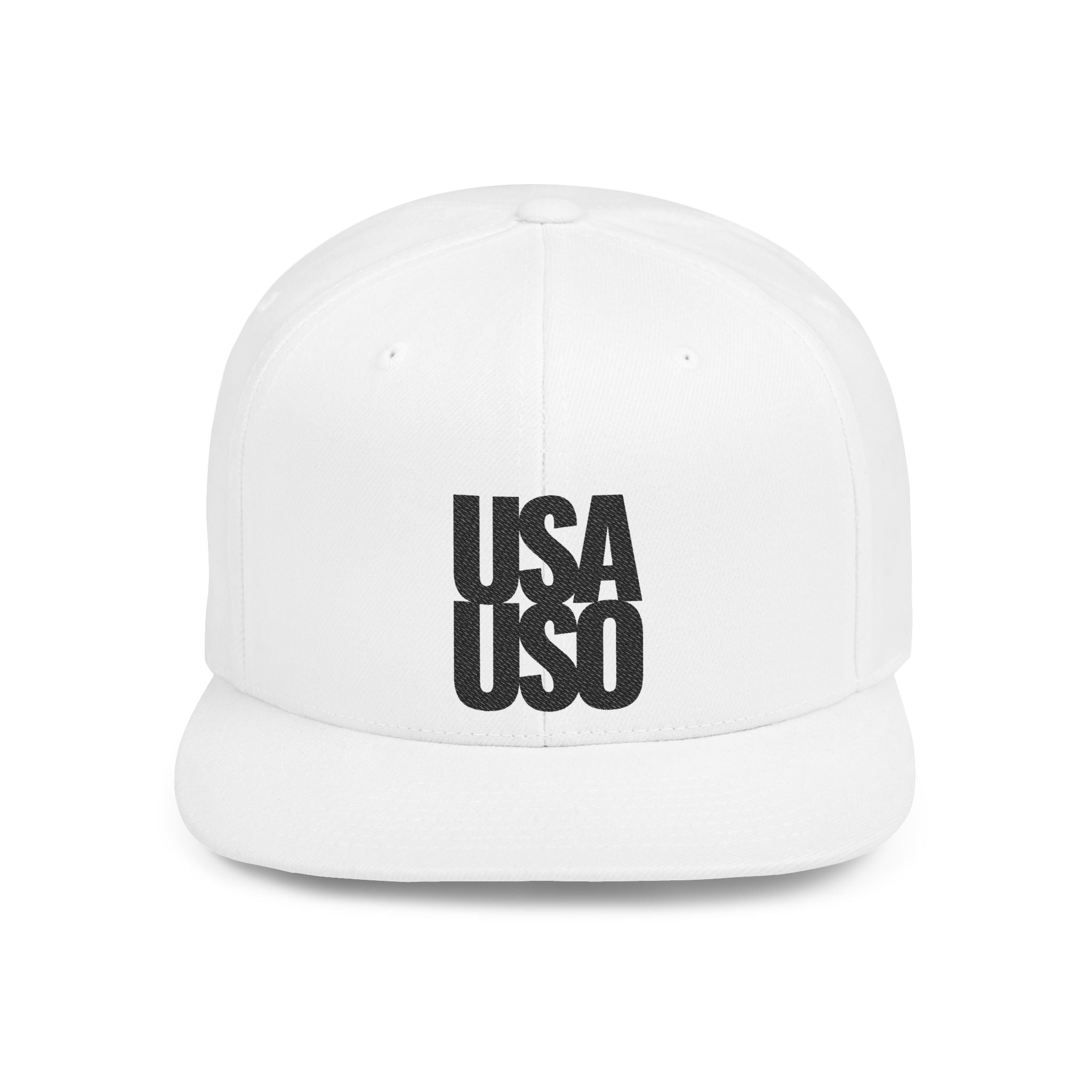 Black Fulfill Engine flat bill snapback hat with USA USO embroidery, featuring a modern design and adjustable fit.