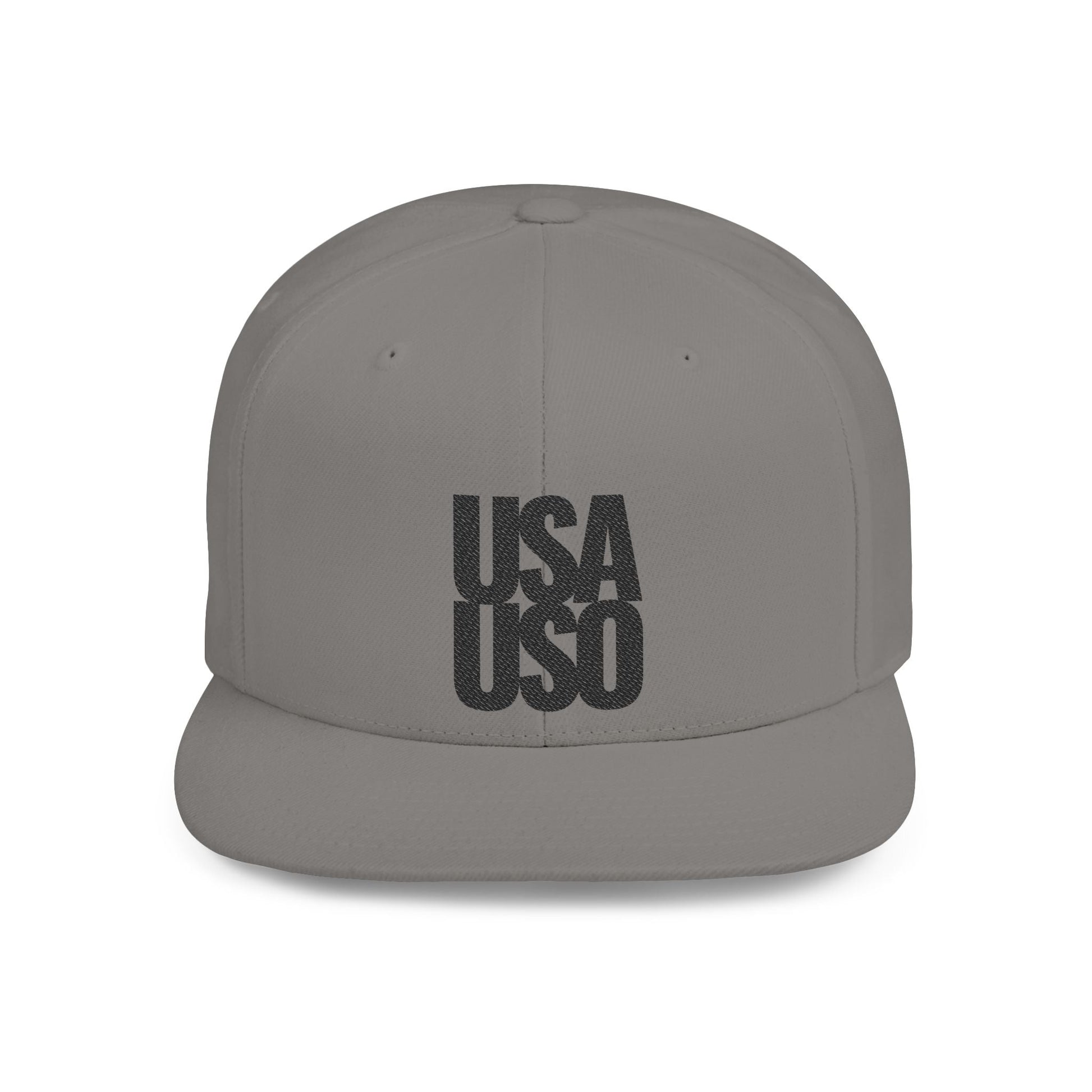 Black flat bill snapback hat by Fulfill Engine with USA USO embroidery, stylish and adjustable for AU, NZ, and US wearers.