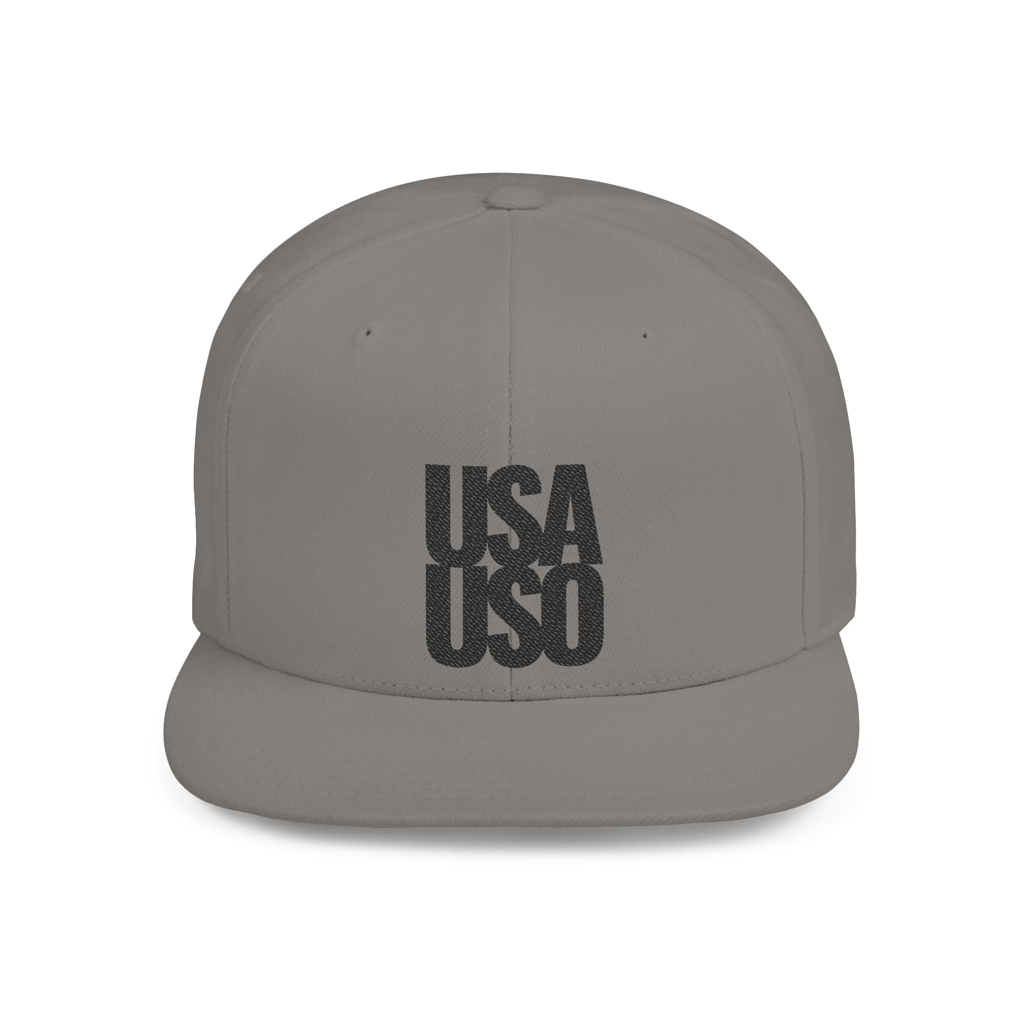 Black flat bill snapback hat by Fulfill Engine with USA USO embroidery, stylish and adjustable for AU, NZ, and US wearers.