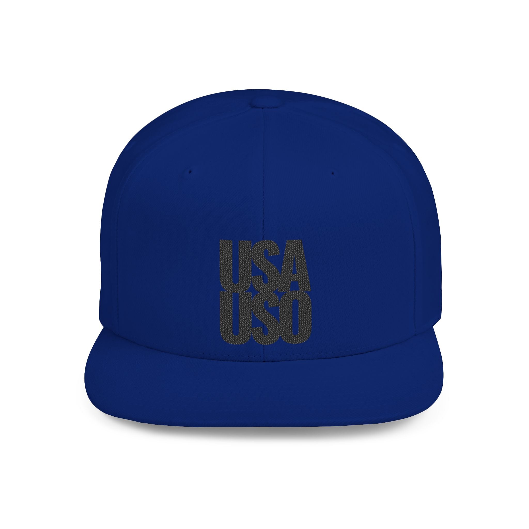Black flat bill snapback hat by Fulfill Engine with USA USO embroidery, featuring a stylish flat brim and adjustable fit.