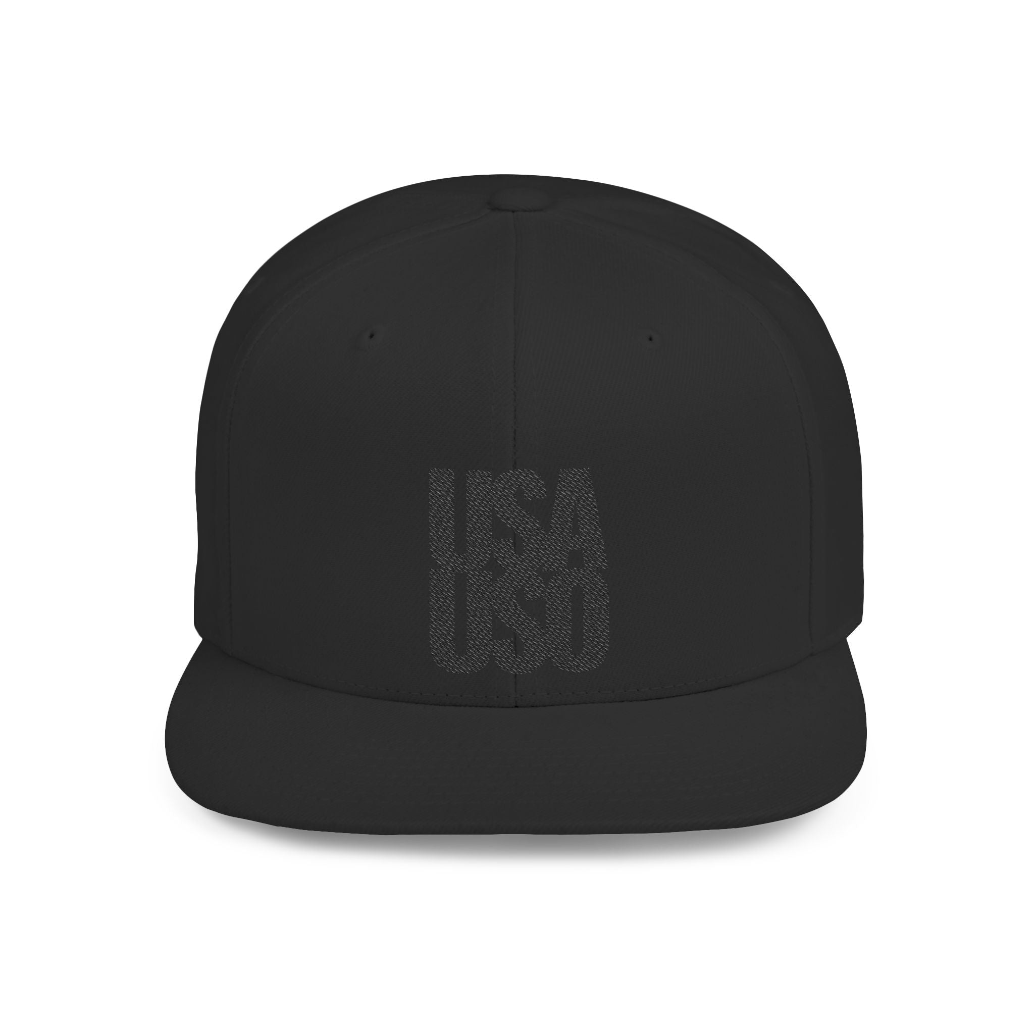 Black flat bill snapback hat by Fulfill Engine with USA USO embroidery, one size fits most, featuring bold black design.