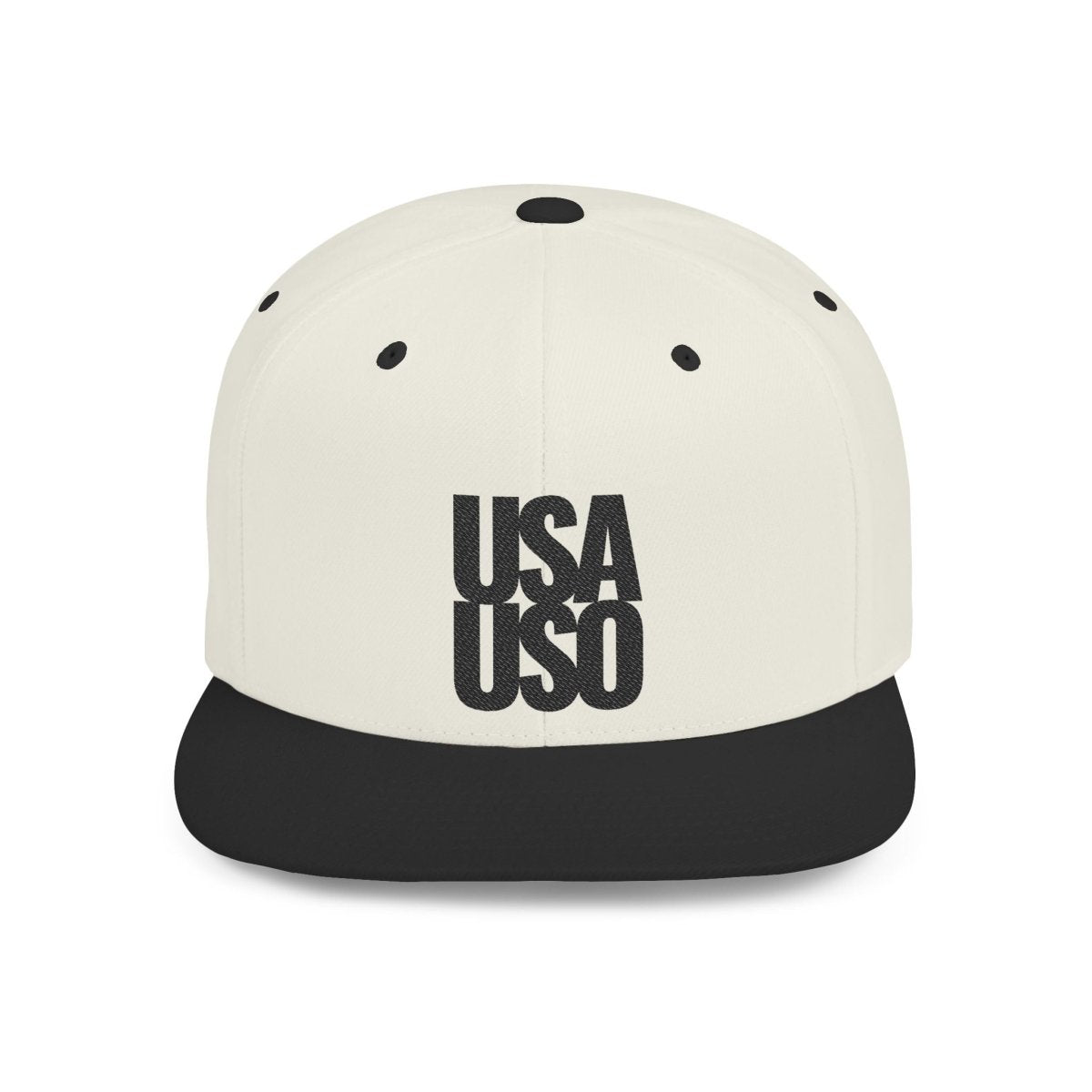 Black flat bill snapback hat by Fulfill Engine with USA USO embroidery, featuring a stylish design and adjustable fit.