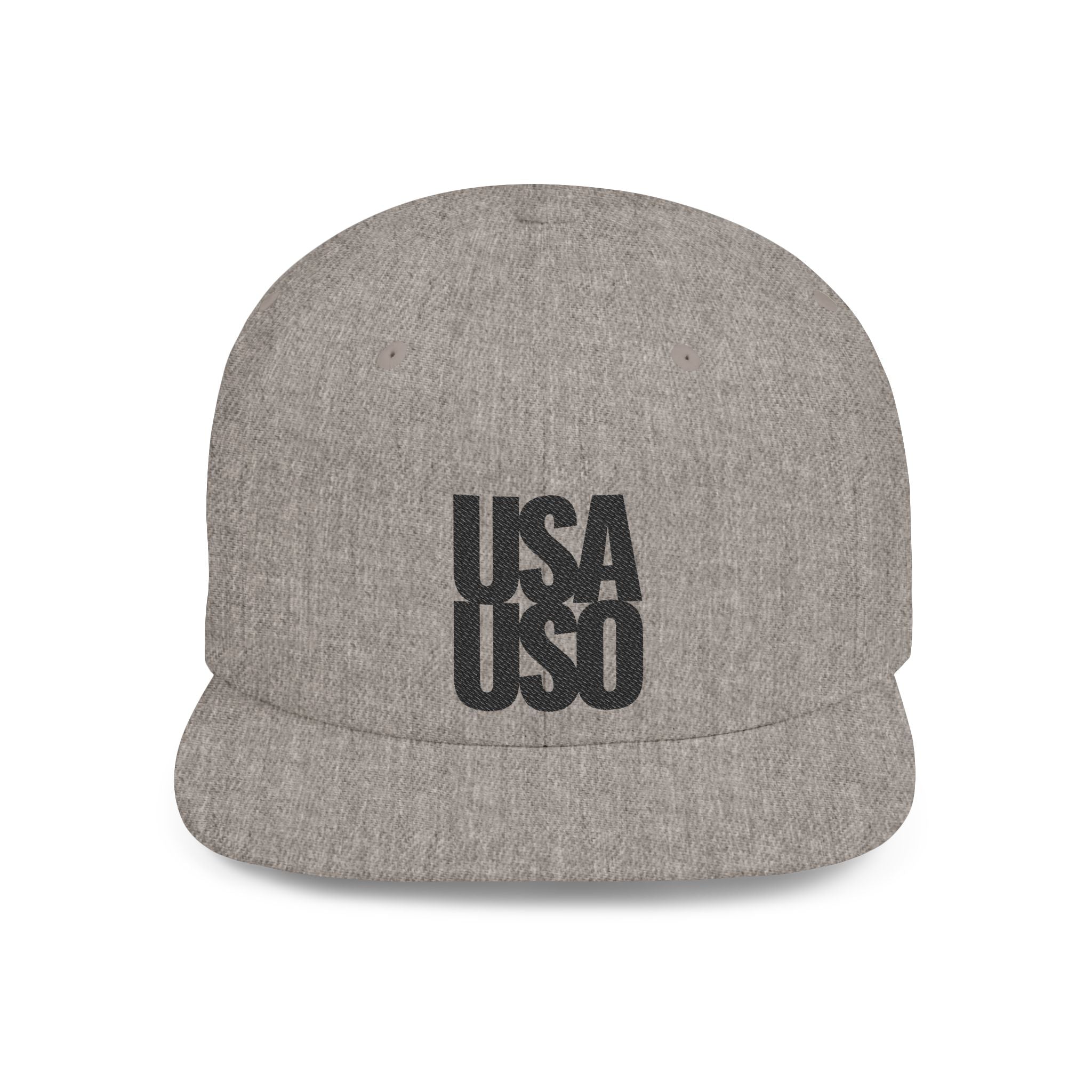Black flat bill snapback hat by Fulfill Engine with USA USO and black embroidery, one size fits most, stylish and casual.