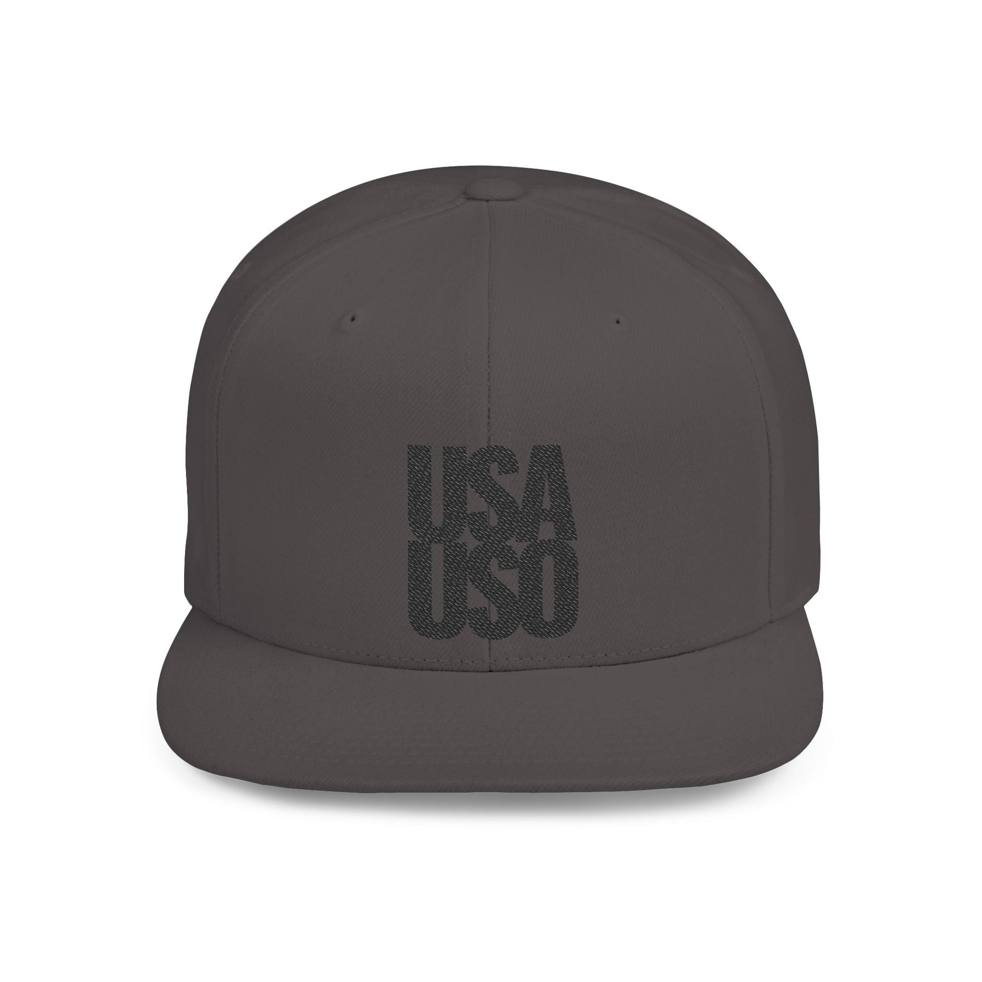 Black flat bill snapback hat by Fulfill Engine with USA USO embroidery, featuring a classic design and adjustable fit.
