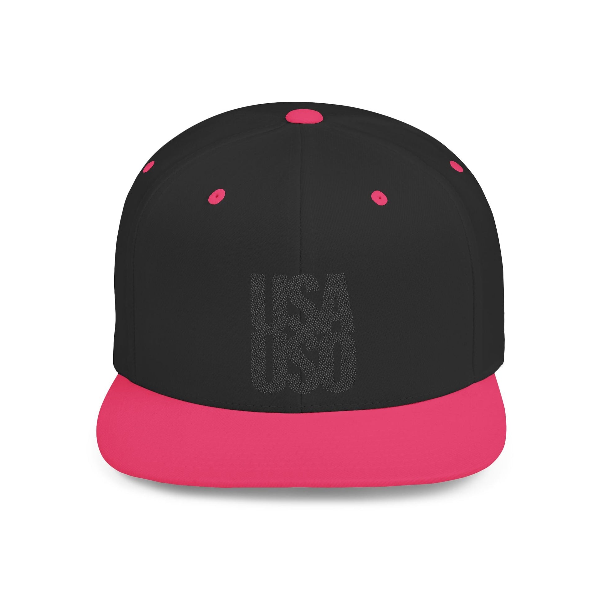 Black flat bill snapback hat by Fulfill Engine with USA USO embroidery, featuring a one-size fit and stylish design.