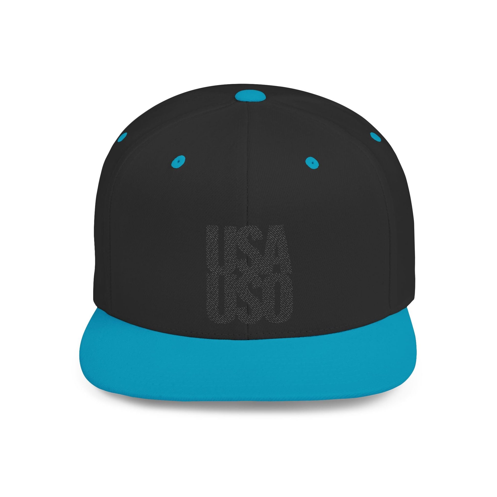Black Fulfill Engine flat bill snapback hat with USA USO embroidery, one size fits all, featuring black embroidered details.