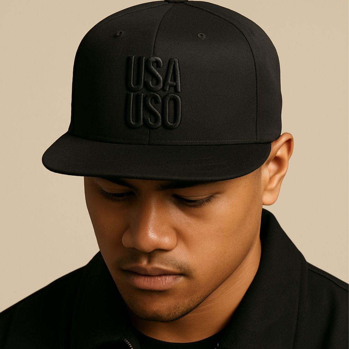 Black flat bill snapback hat by Fulfill Engine with USA USO embroidery, one size fits most, featuring bold black embroidery design.