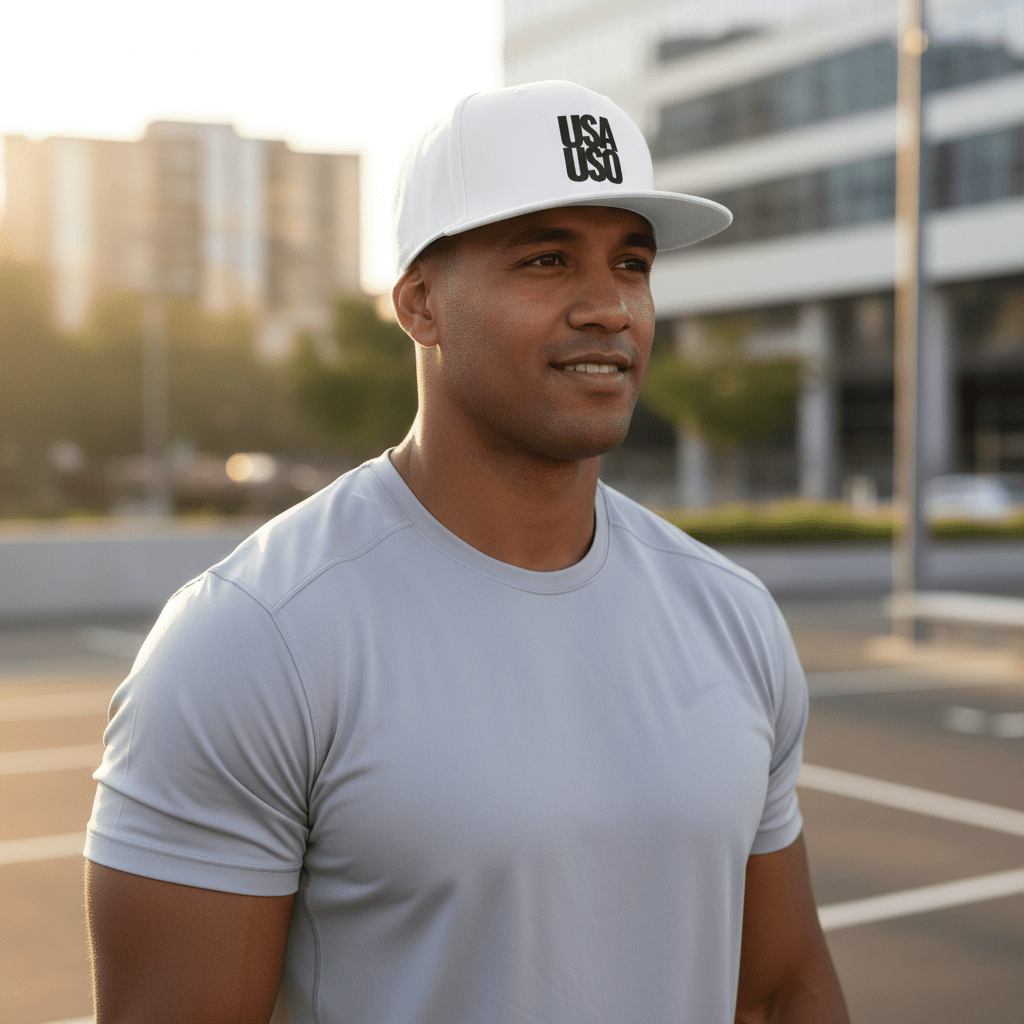 Black flat bill snapback hat by Fulfill Engine with USA USO embroidery, featuring a stylish and adjustable design.