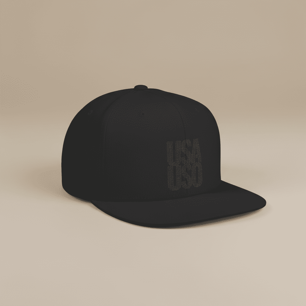 Black flat bill snapback hat with USA USO embroidery by Fulfill Engine, featuring a stylish one-size design.