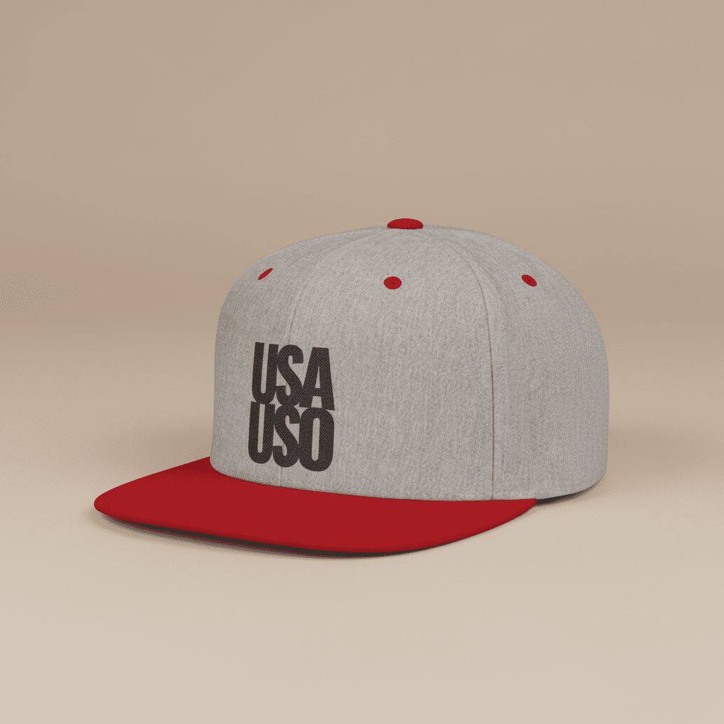 Black Fulfill Engine flat bill snapback hat with USA USO embroidery, one size, stylish and comfortable for casual wear.