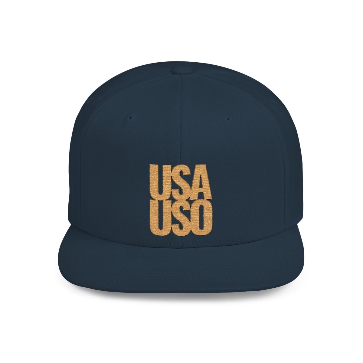 Black flat bill snapback hat by Fulfill Engine with gold USA USO embroidery, one size fits most, features a stylish flat brim.