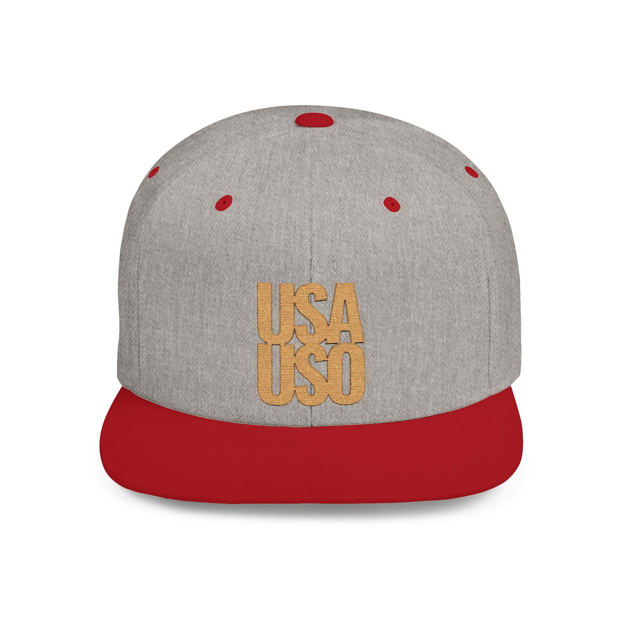 Black flat bill snapback hat by Fulfill Engine with gold USA USO embroidery, one size fits most, suitable for AU, NZ, and USA regions.