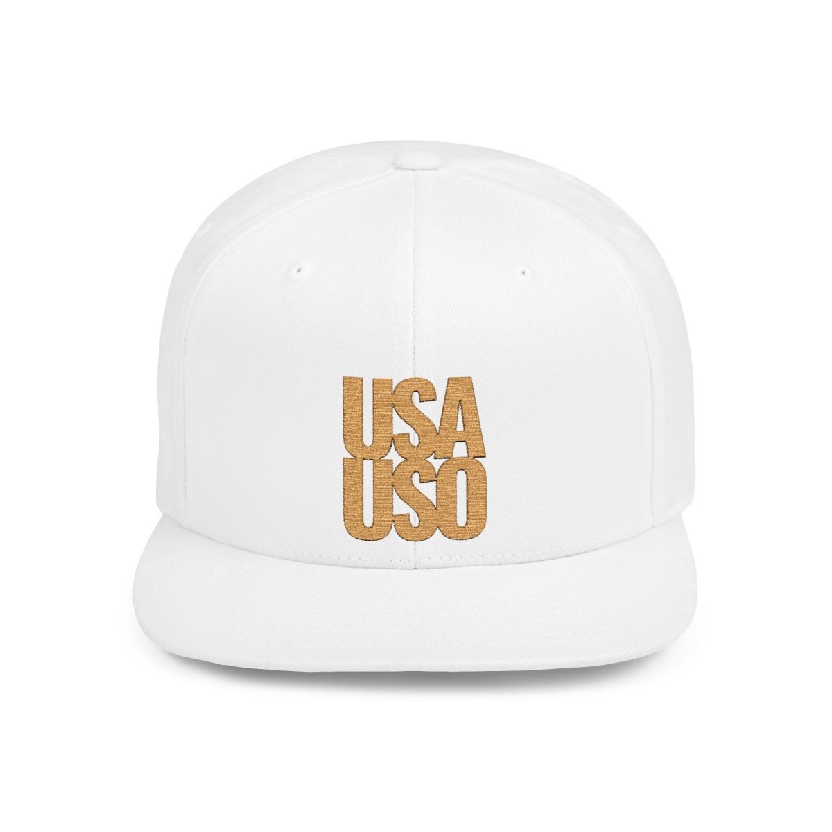 Black Fulfill Engine flat bill snapback hat with gold USA USO embroidery, one size fits all, featuring a classic structured design.
