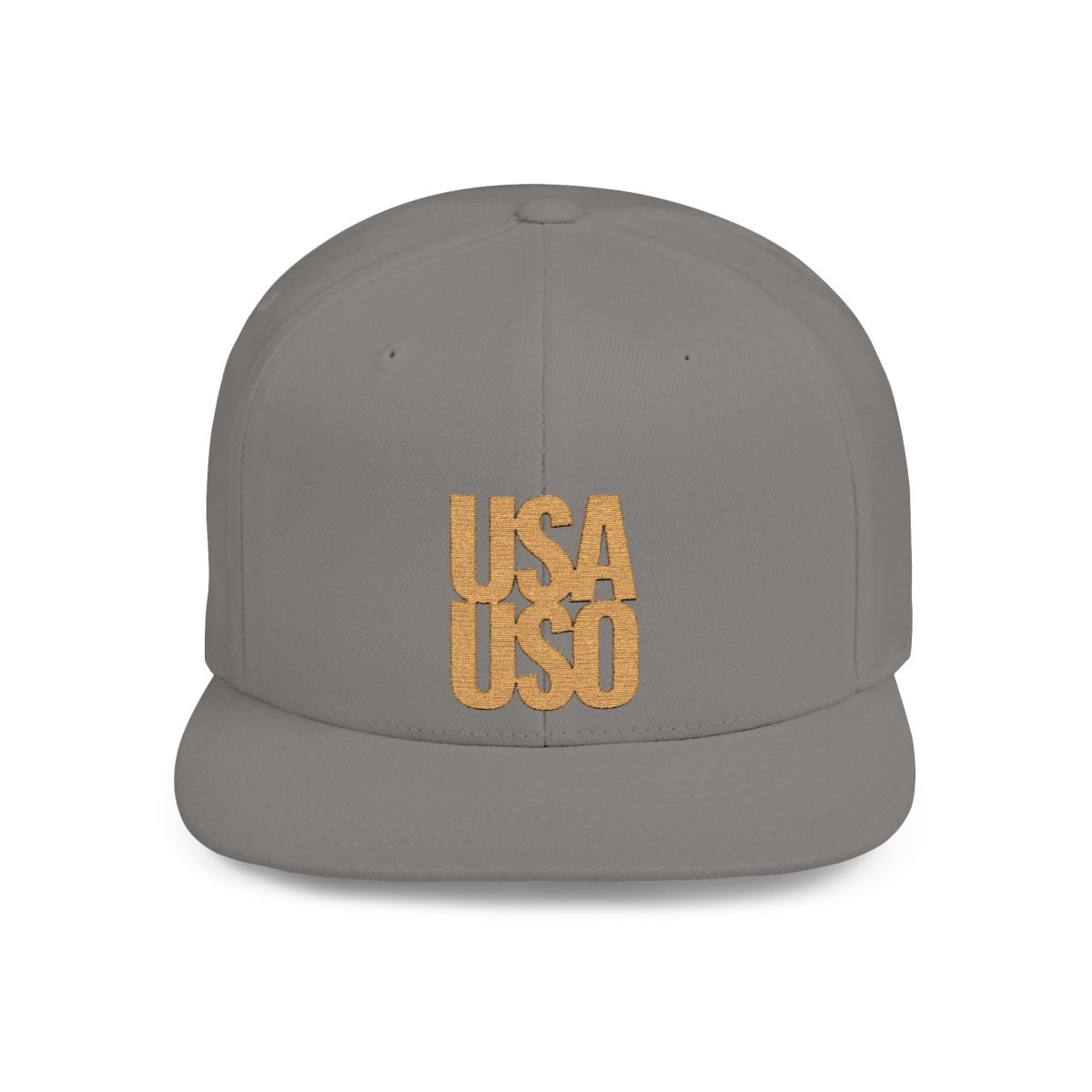 Black flat bill snapback hat by Fulfill Engine with gold USA USO embroidery, one size fits most, stylish and durable headwear.