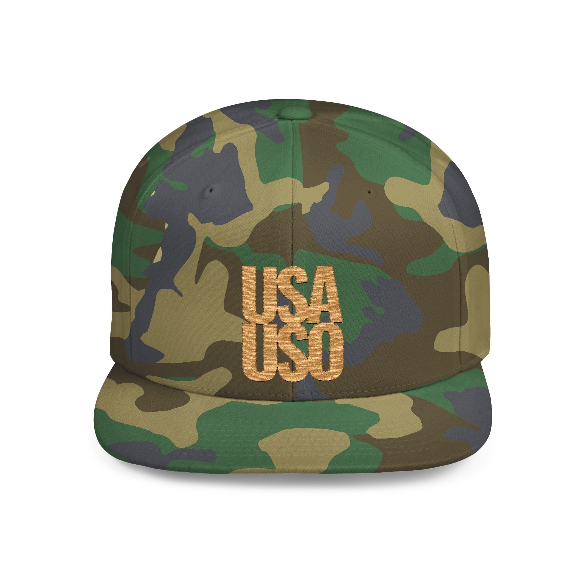 Black flat bill snapback hat by Fulfill Engine with gold USA USO embroidery, one size fits most, AU/NZ/USA style.