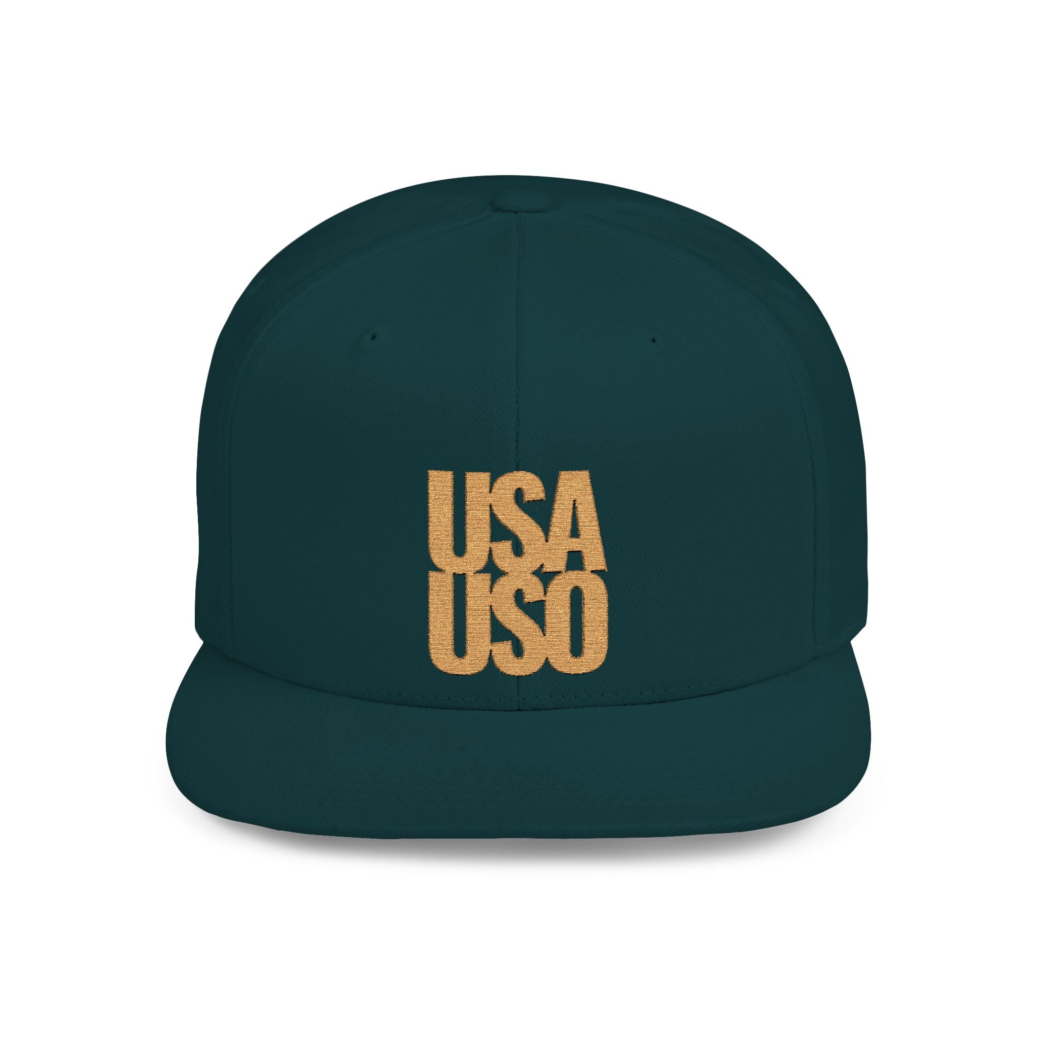 Black Fulfill Engine flat bill snapback hat with gold USA USO embroidery, one size, adjustable, stylish and casual headwear.