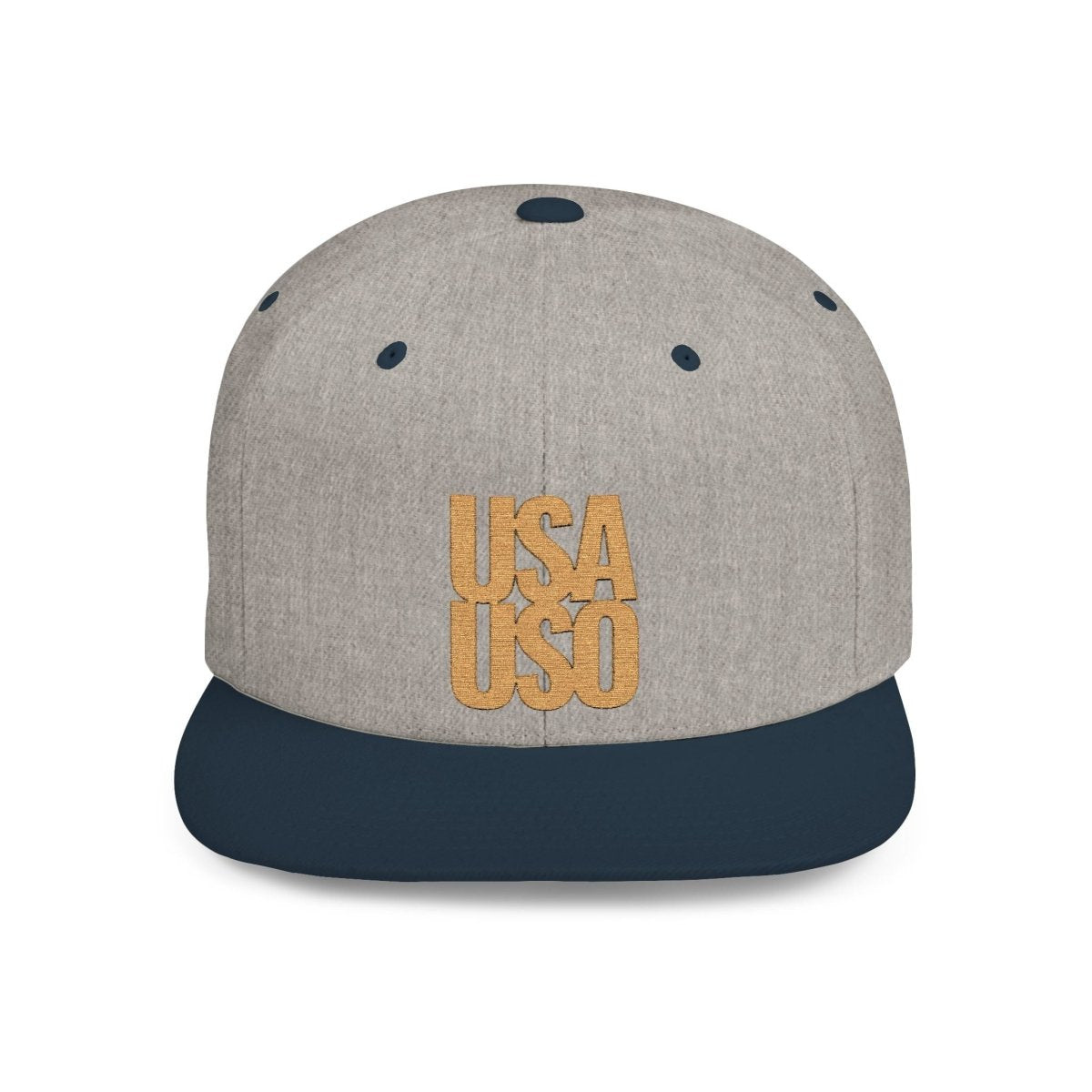 Black flat bill snapback hat by Fulfill Engine with gold embroidery and USA USO design, one size fits all.
