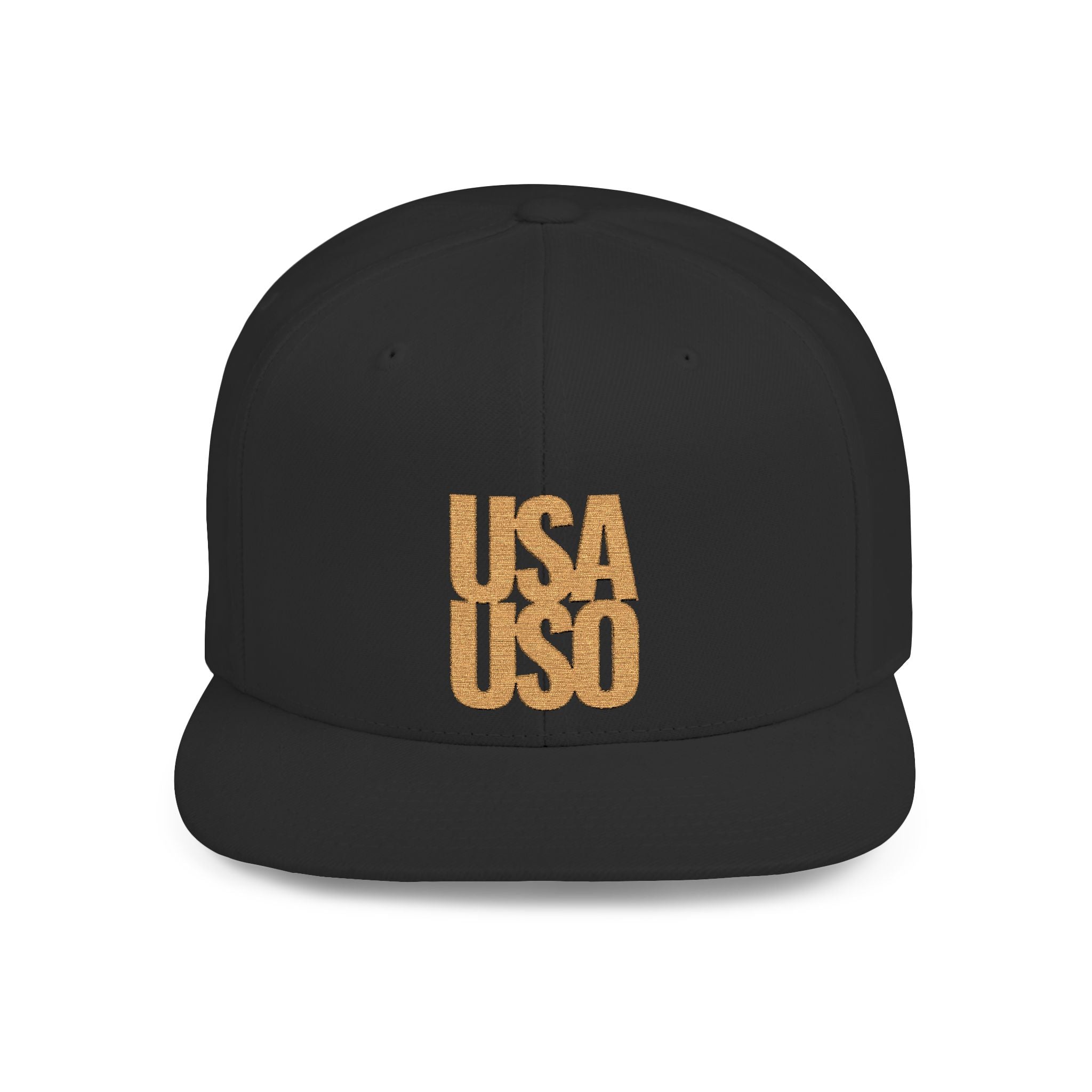 Black Fulfill Engine flat bill snapback hat with gold USA USO embroidery, one size fits all, stylish and casual headwear.