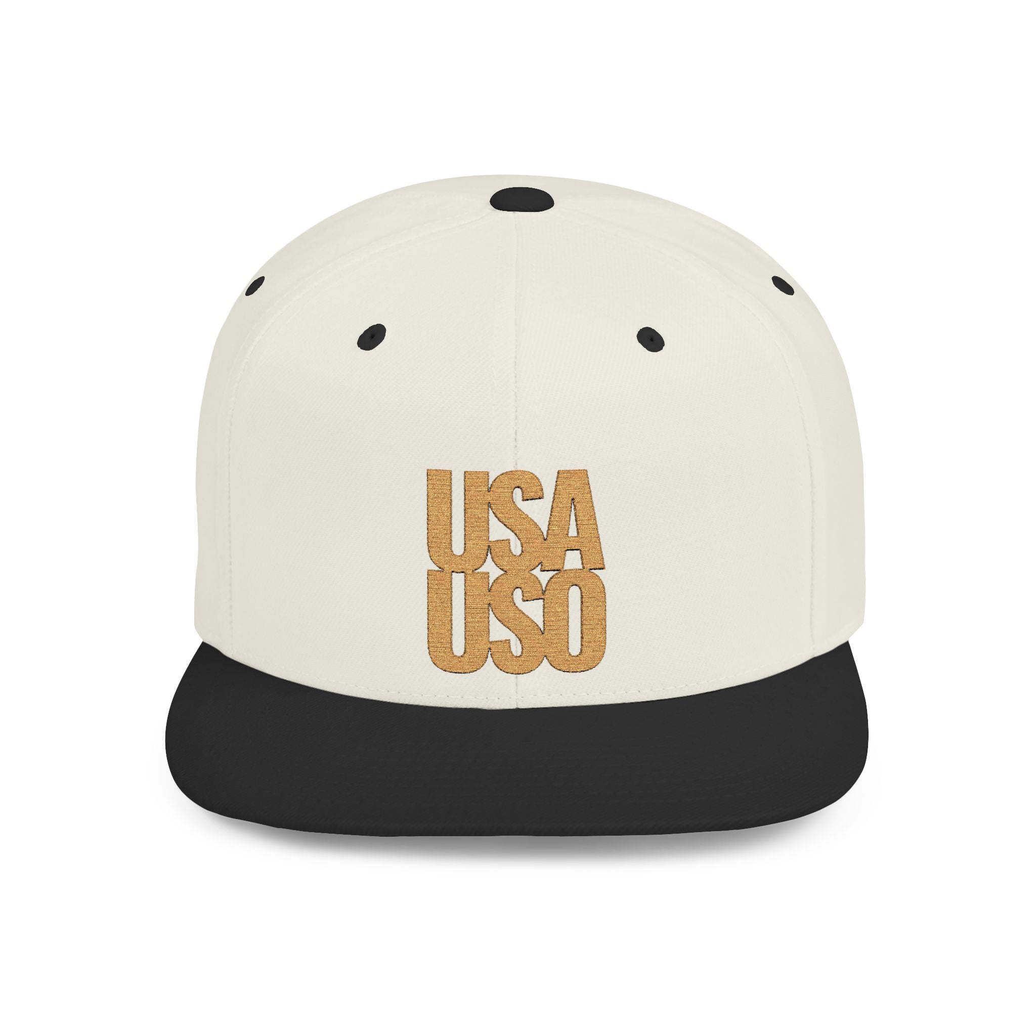 Black flat bill snapback hat by Fulfill Engine with gold USA USO embroidery, one size fits most, stylish and casual headwear.