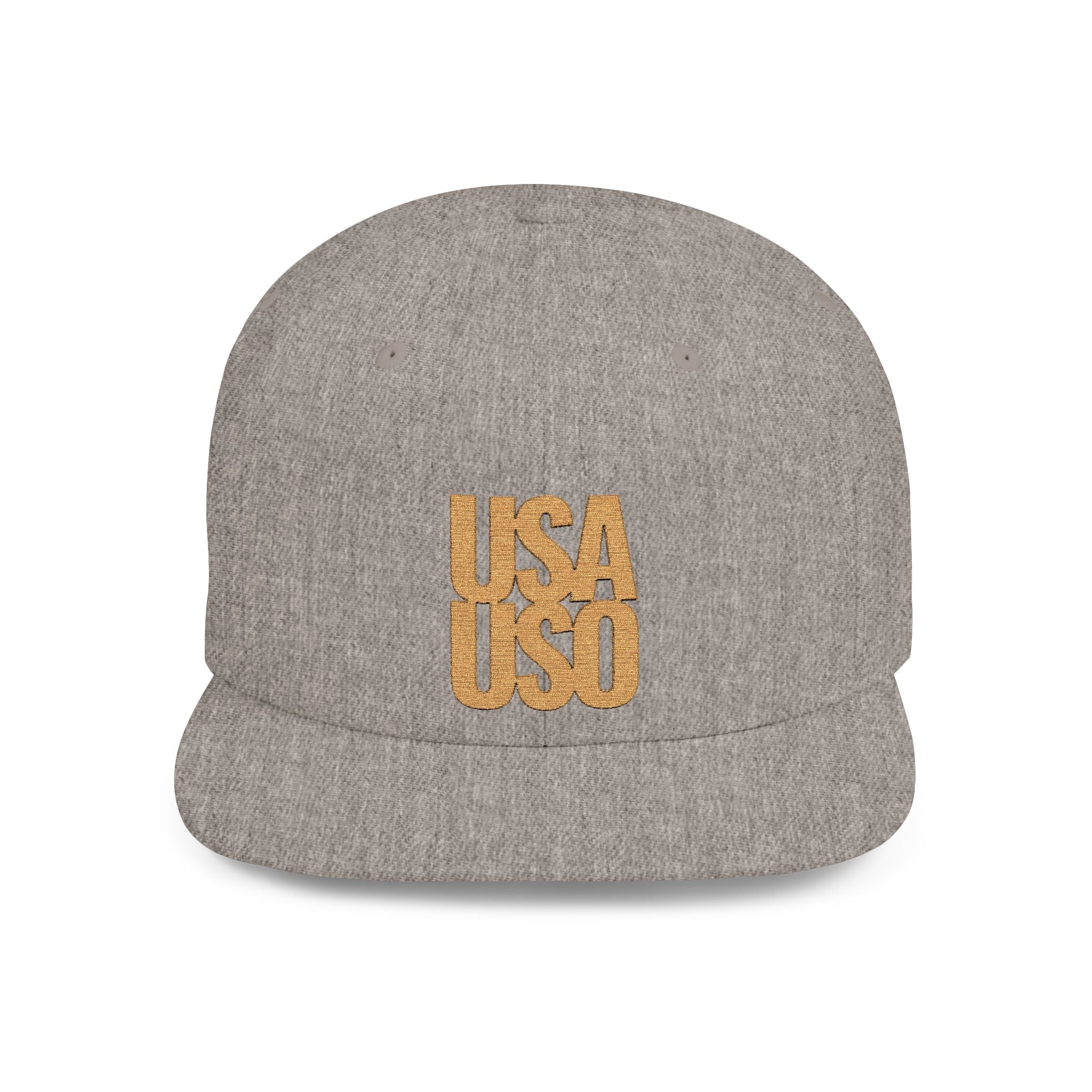 Black flat bill snapback hat by Fulfill Engine with gold USA USO embroidery, adjustable one size fits most, AU/NZ/USA.