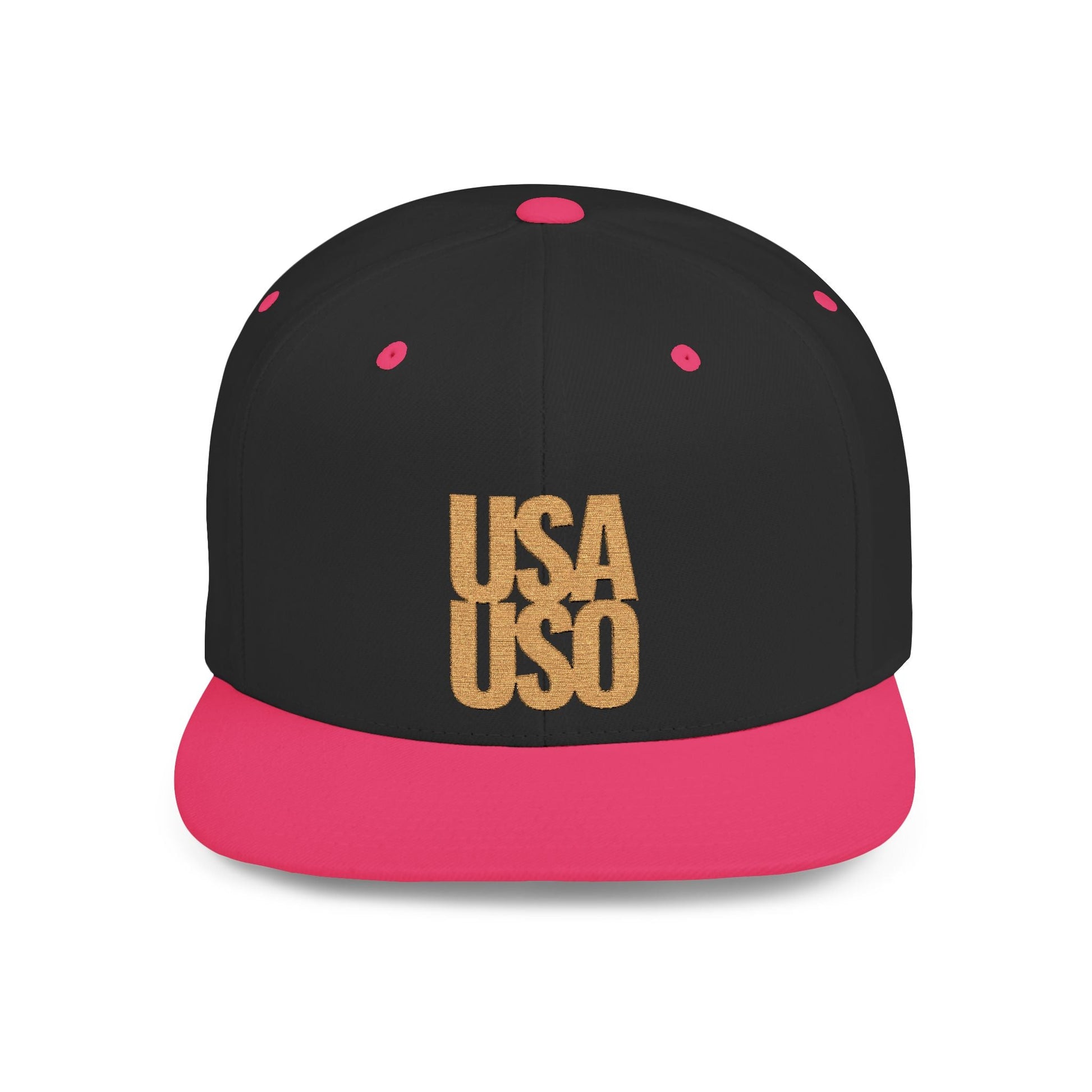 Black flat bill snapback hat by Fulfill Engine with gold USA USO embroidery, one size fits most.