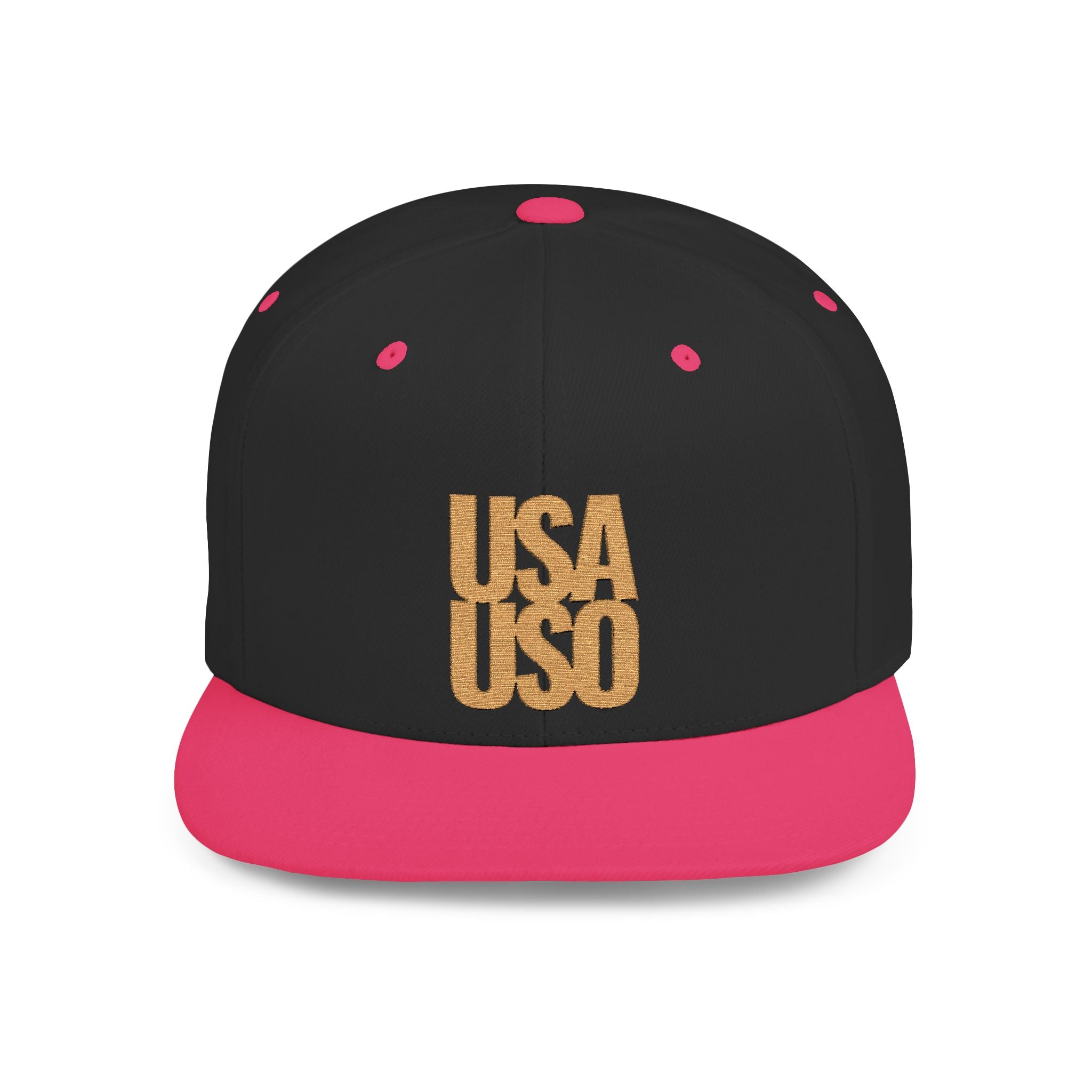 Black flat bill snapback hat by Fulfill Engine with gold USA USO embroidery, one size fits most.