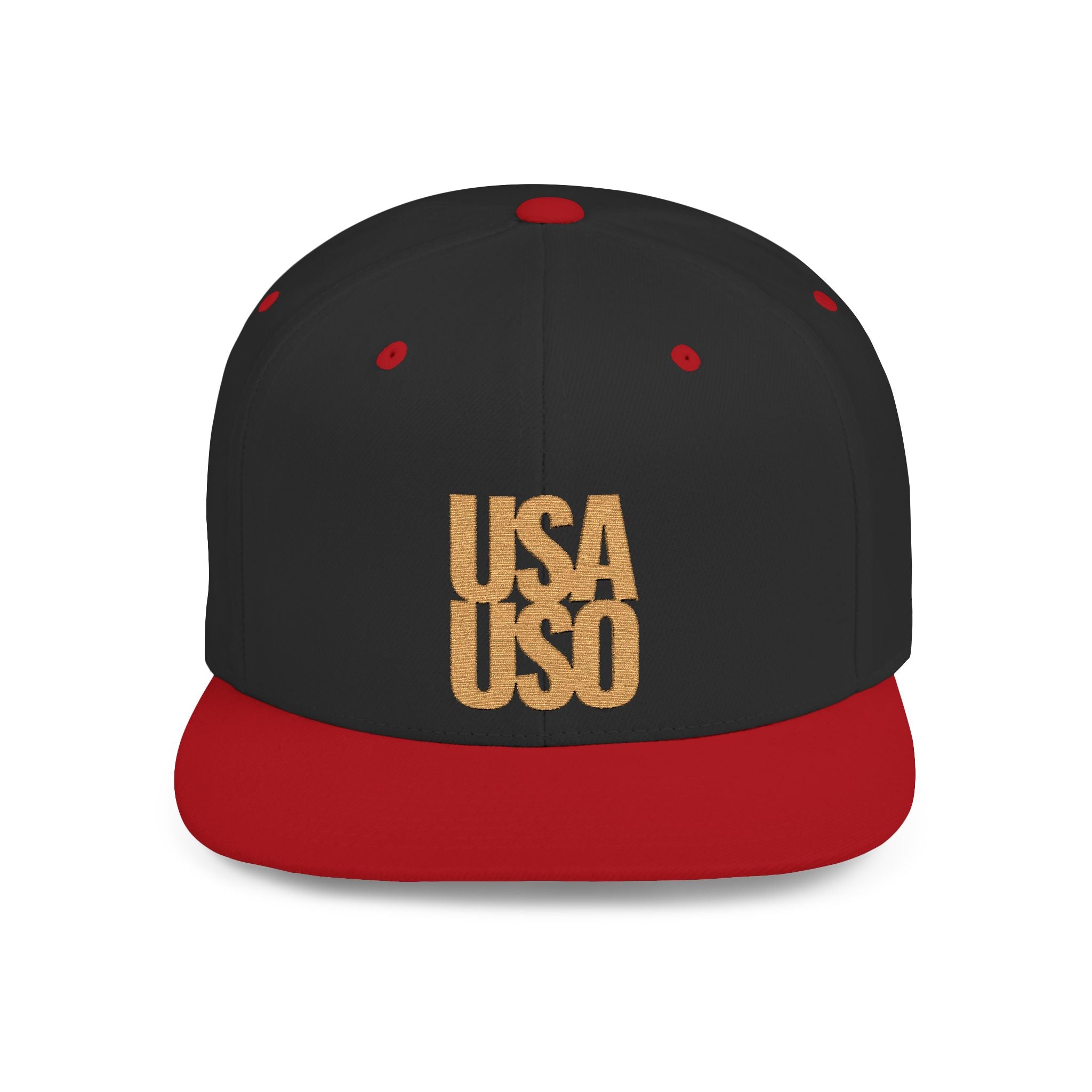 Black flat bill snapback hat by Fulfill Engine with gold USO embroidery, featuring a structured design and adjustable snap closure.