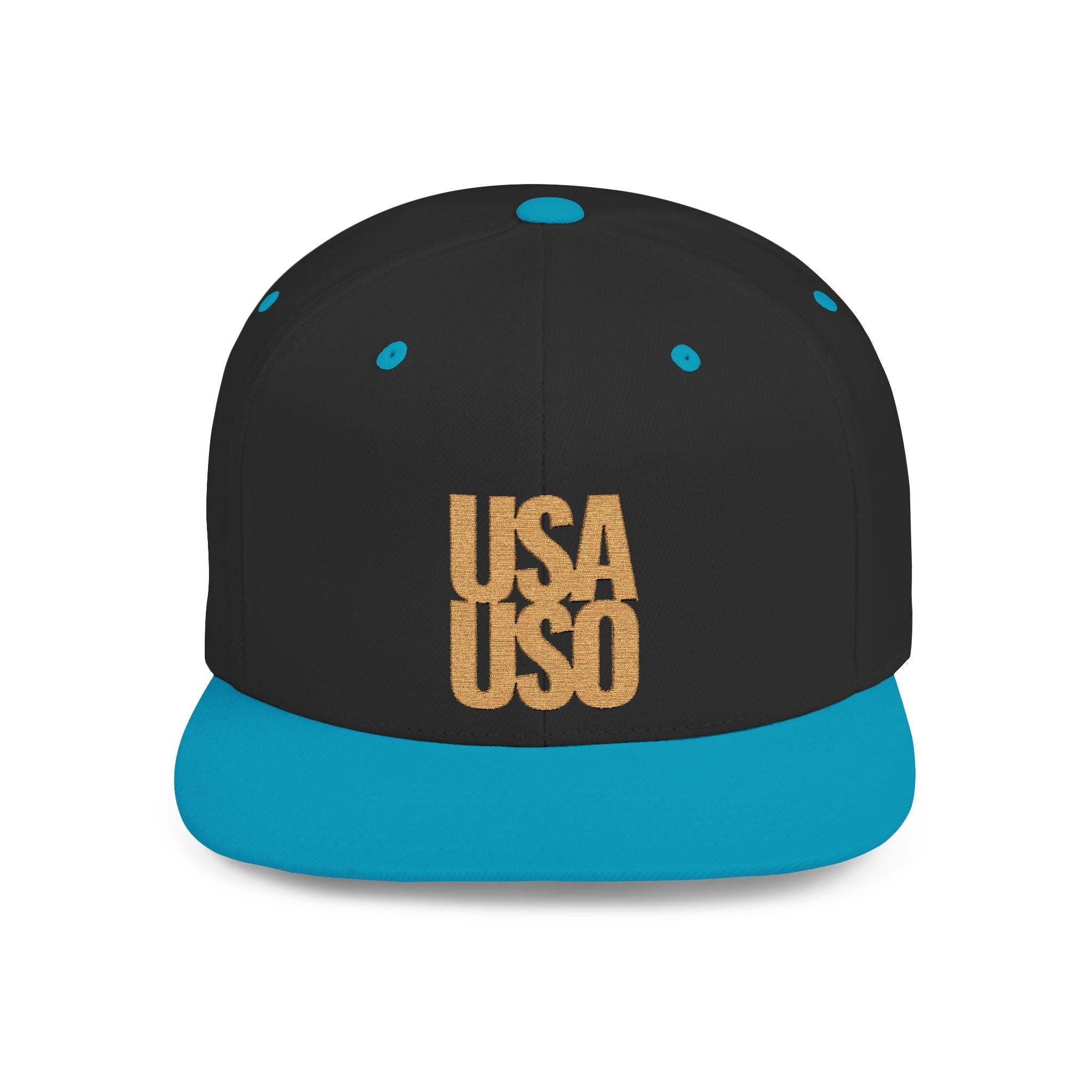 Black flat bill snapback hat by Fulfill Engine with gold USA USO embroidery, adjustable one size, stylish and casual headwear.
