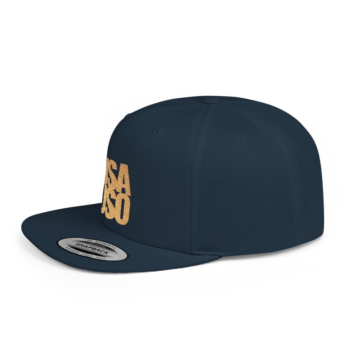 Black flat bill snapback hat by Fulfill Engine with gold embroidery, featuring USA USO design, one size fits most.