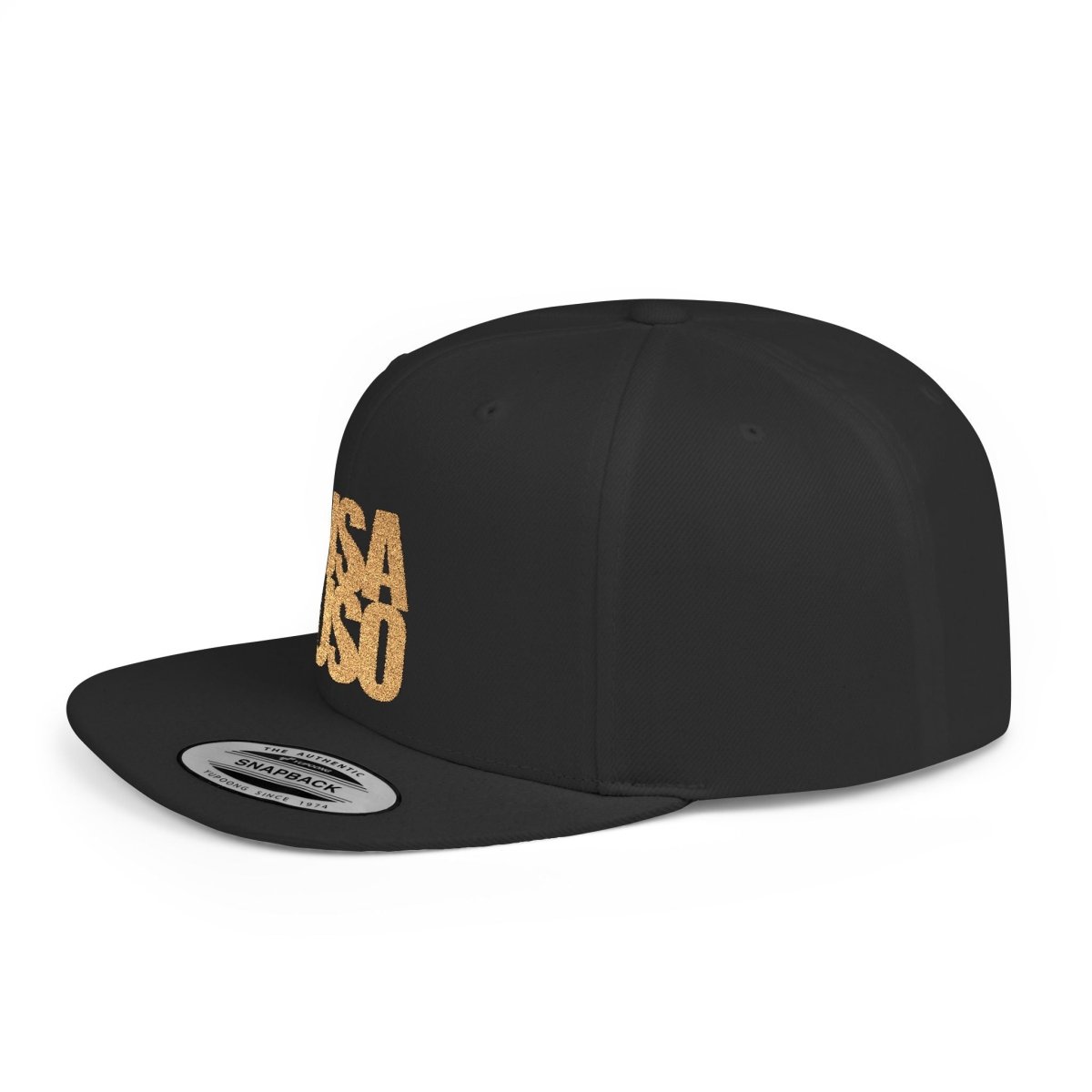 Black Fulfill Engine flat bill snapback hat with gold USA USO embroidery, featuring a sleek design and adjustable snapback closure.