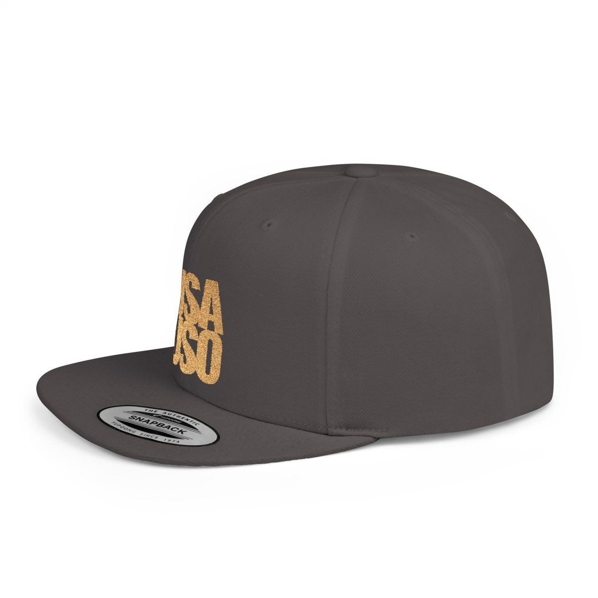 Black flat bill snapback hat with gold embroidery and USA USO design by Fulfill Engine.
