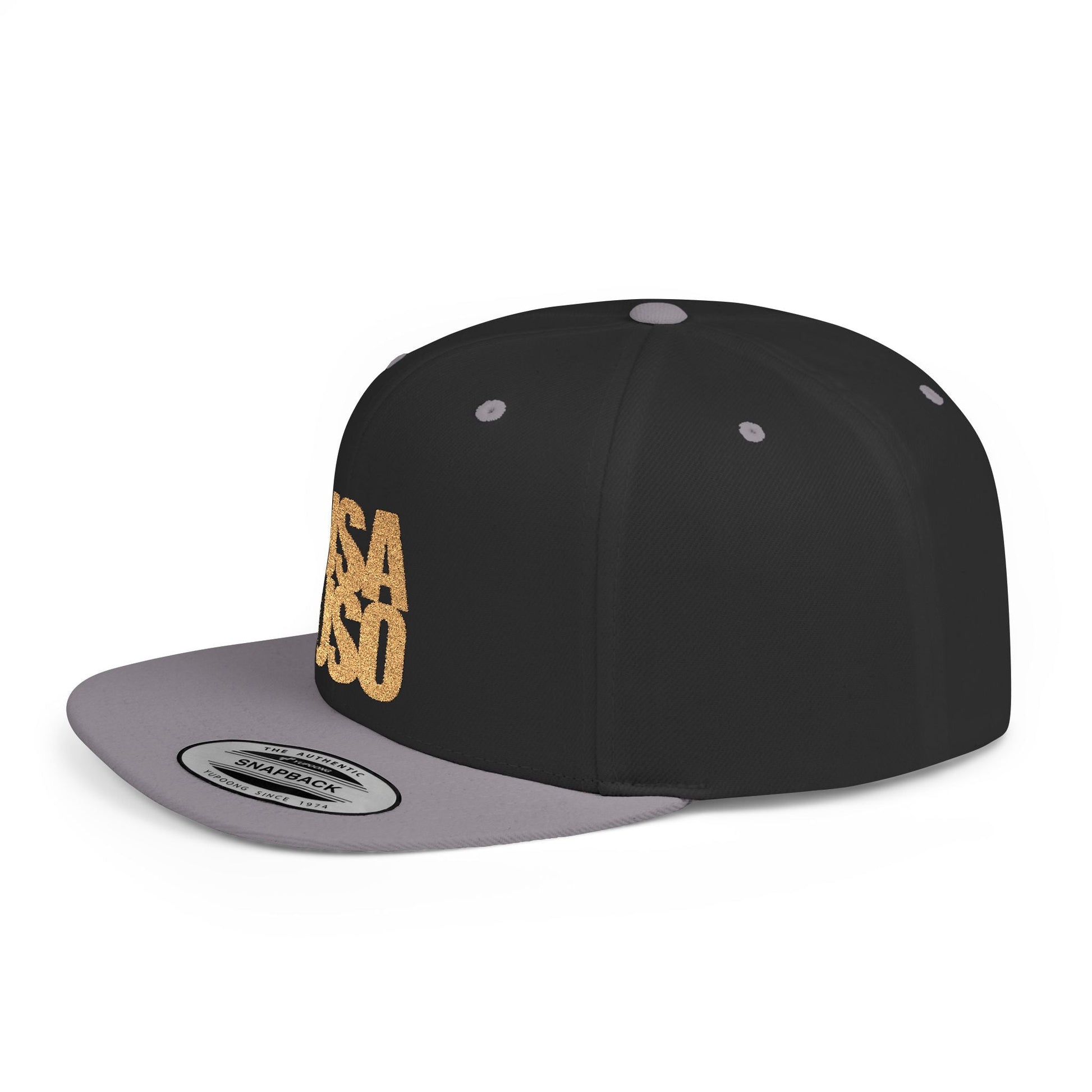 Black Fulfill Engine flat bill snapback hat with gold USA USO embroidery, one size fits all, stylish and adjustable.