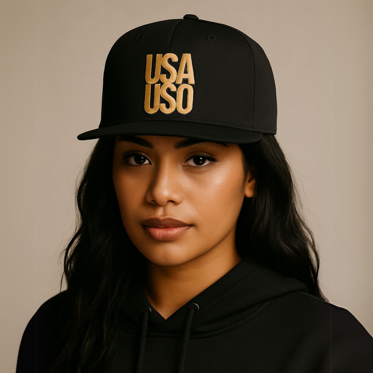 Black flat bill snapback hat by Fulfill Engine with gold USA USO embroidery, one size fits most, AU/NZ/USA style.