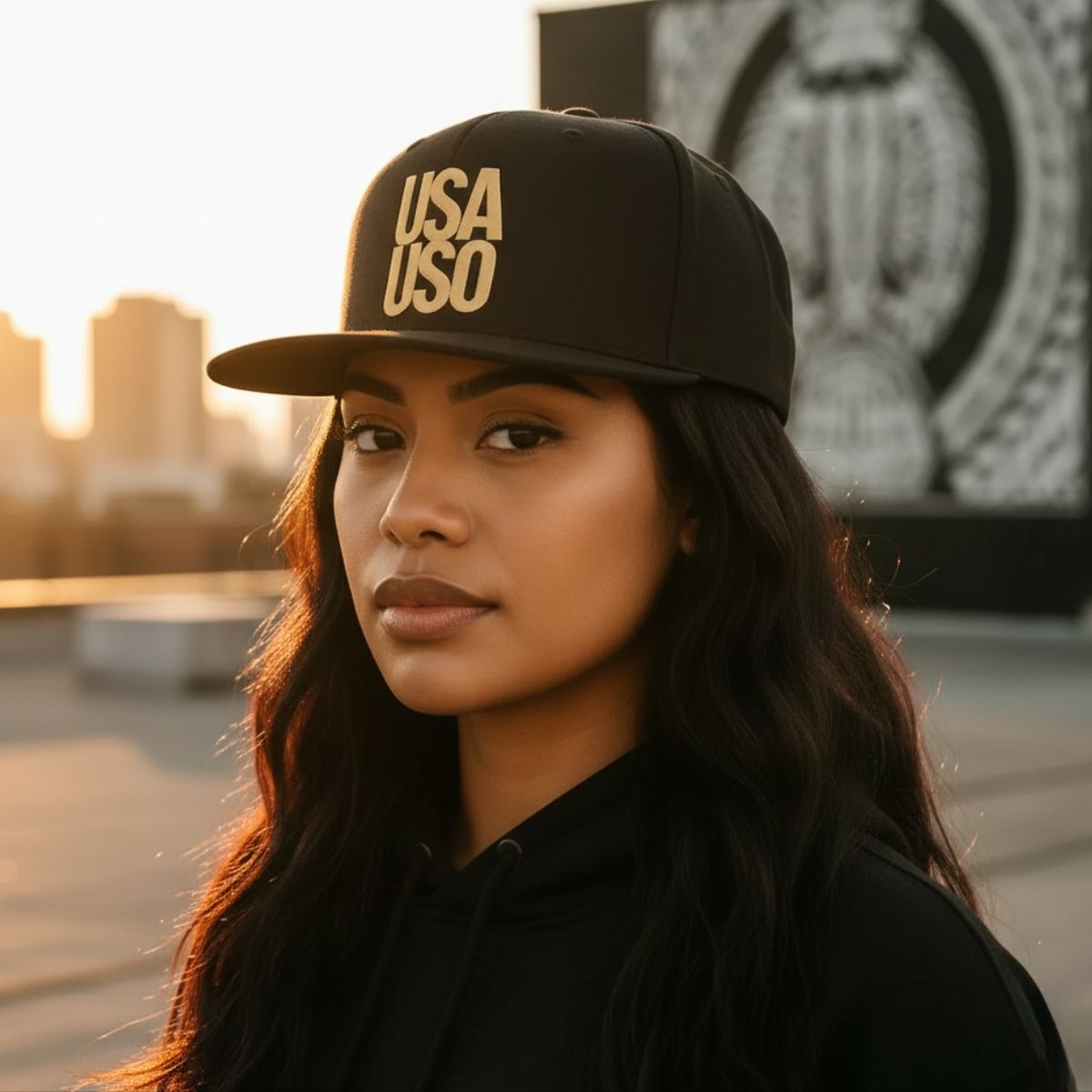 Black flat bill snapback hat by Fulfill Engine with gold USA USO embroidery, one size fits all, suitable for AU, NZ, and USA.
