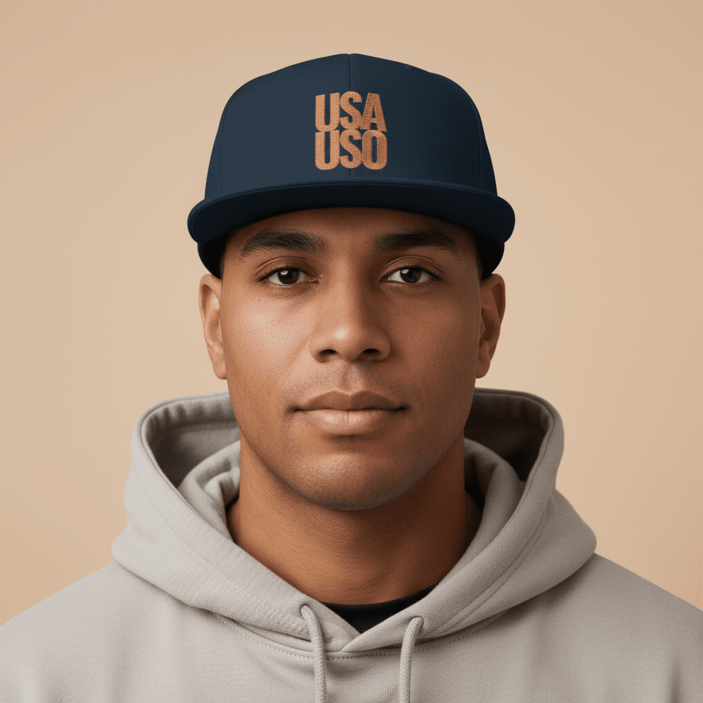 Black flat bill snapback hat by Fulfill Engine with gold embroidery featuring USA USO design, one size fits all.