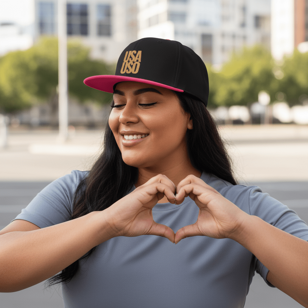 Black flat bill snapback hat by Fulfill Engine with gold USA USO embroidery, featuring a one-size design for AU, NZ, and USA.