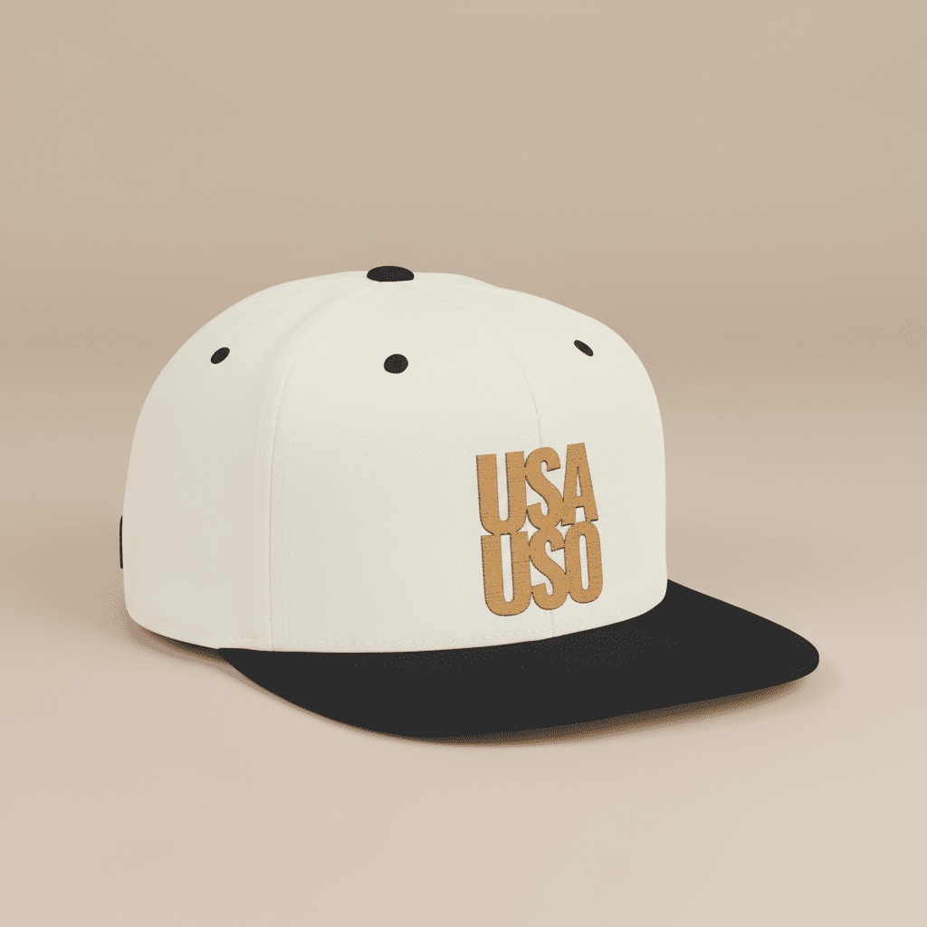 Black flat bill snapback hat by Fulfill Engine with gold USA USO embroidery, one size, featuring a stylish flat brim design.