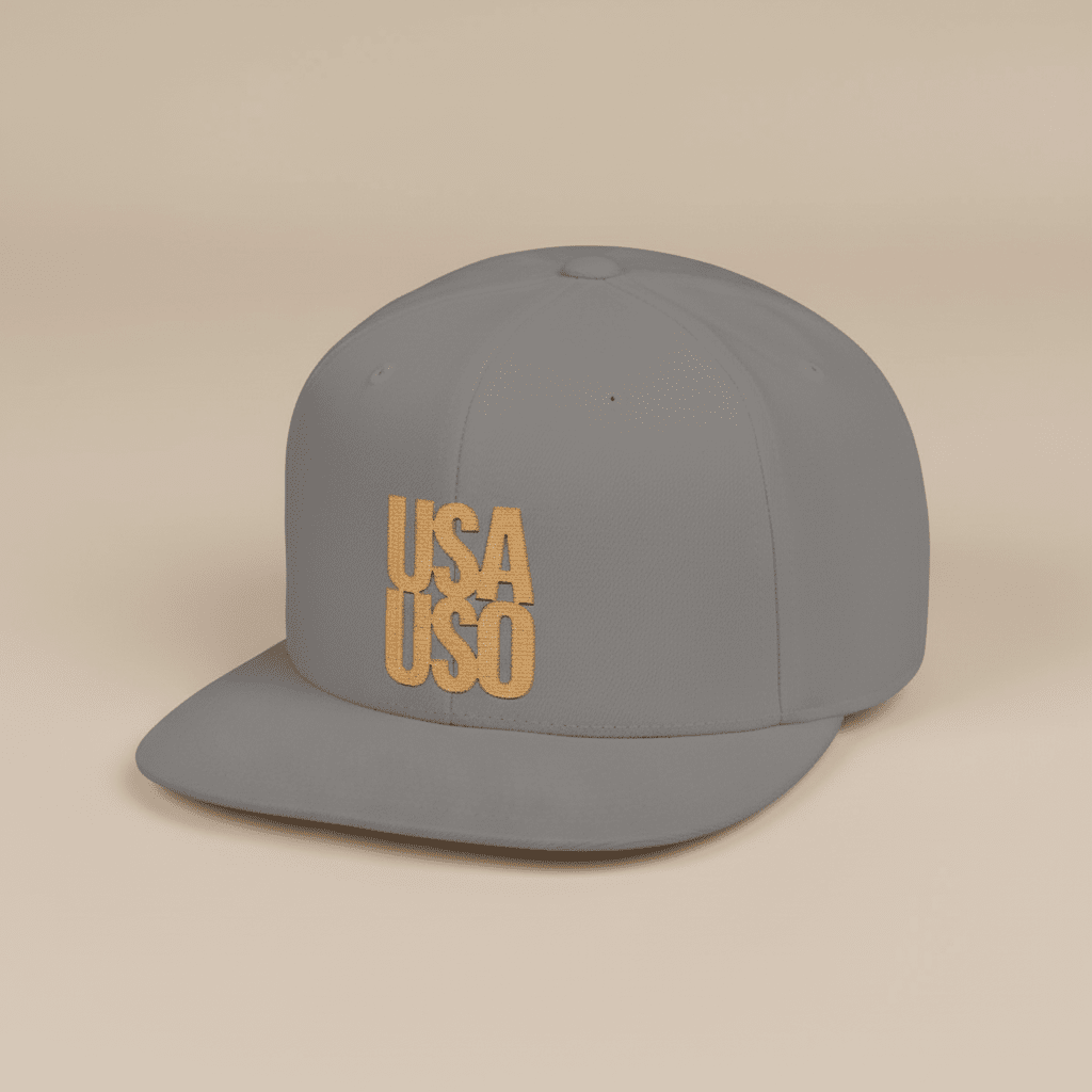 Black flat bill snapback hat by Fulfill Engine with gold USA USO embroidery, one size fits most, suitable for AU, NZ, and USA.