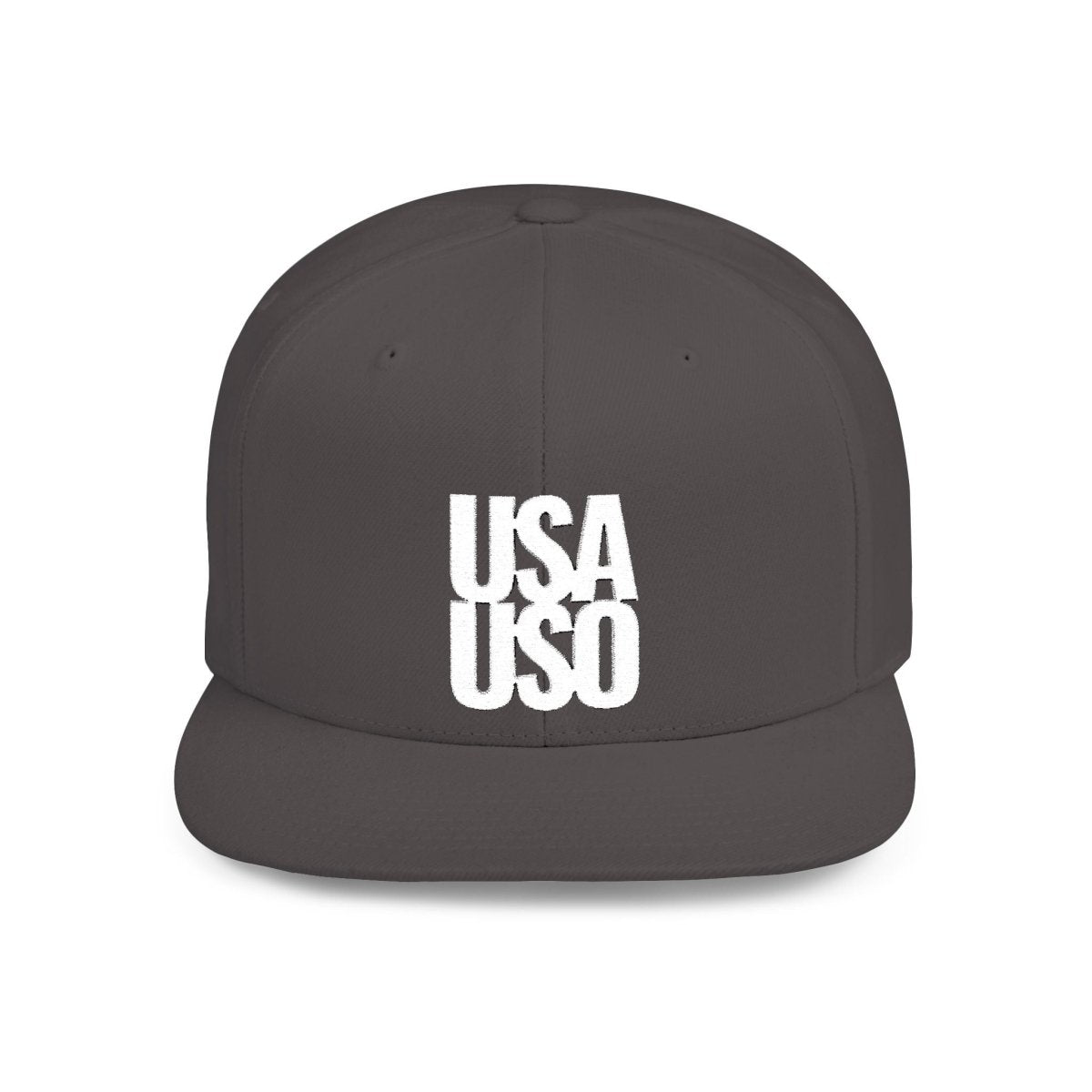 White embroidery flat bill snapback hat by Fulfill Engine featuring USA USO design, black hat with adjustable snapback closure.