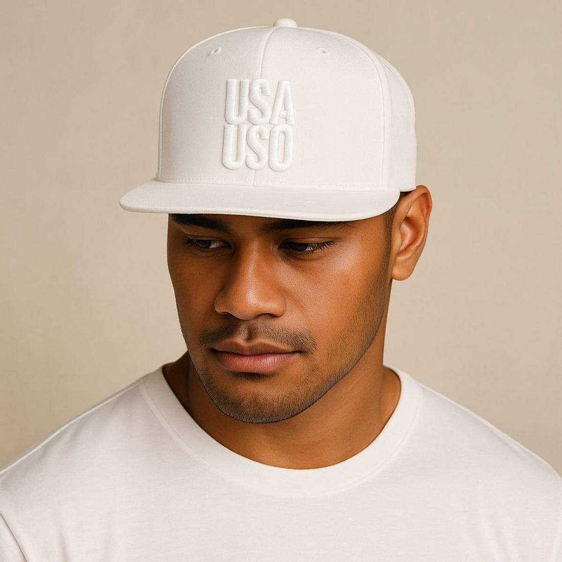Black flat bill snapback hat by Fulfill Engine with white USA USO embroidery, featuring a structured brim and adjustable fit.