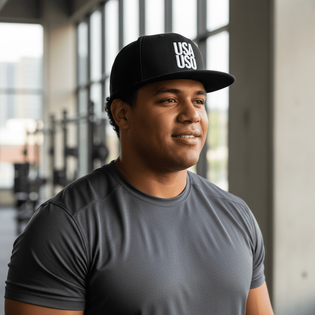 Black flat bill snapback hat by Fulfill Engine with white USA USO embroidery, one size fits most, stylish and casual headwear.