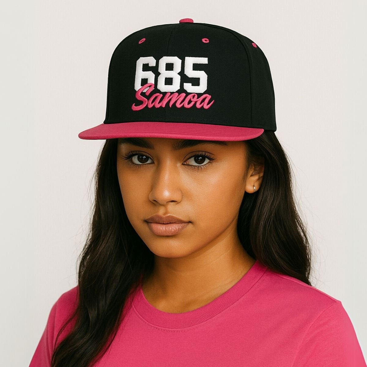 Fulfill Engine flat bill snapback hat with white and neon pink embroidery, one size, black color, Samoa design, AU/NZ/USA style