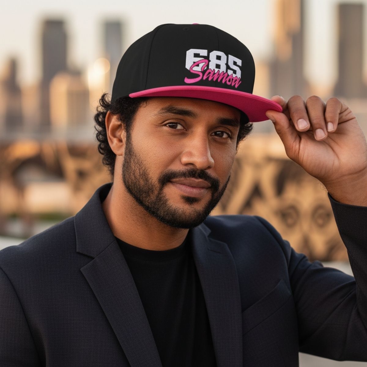 Fulfill Engine Flat Bill Snapback Hat with white and neon pink embroidery, one size, black color, stylish men's hat.