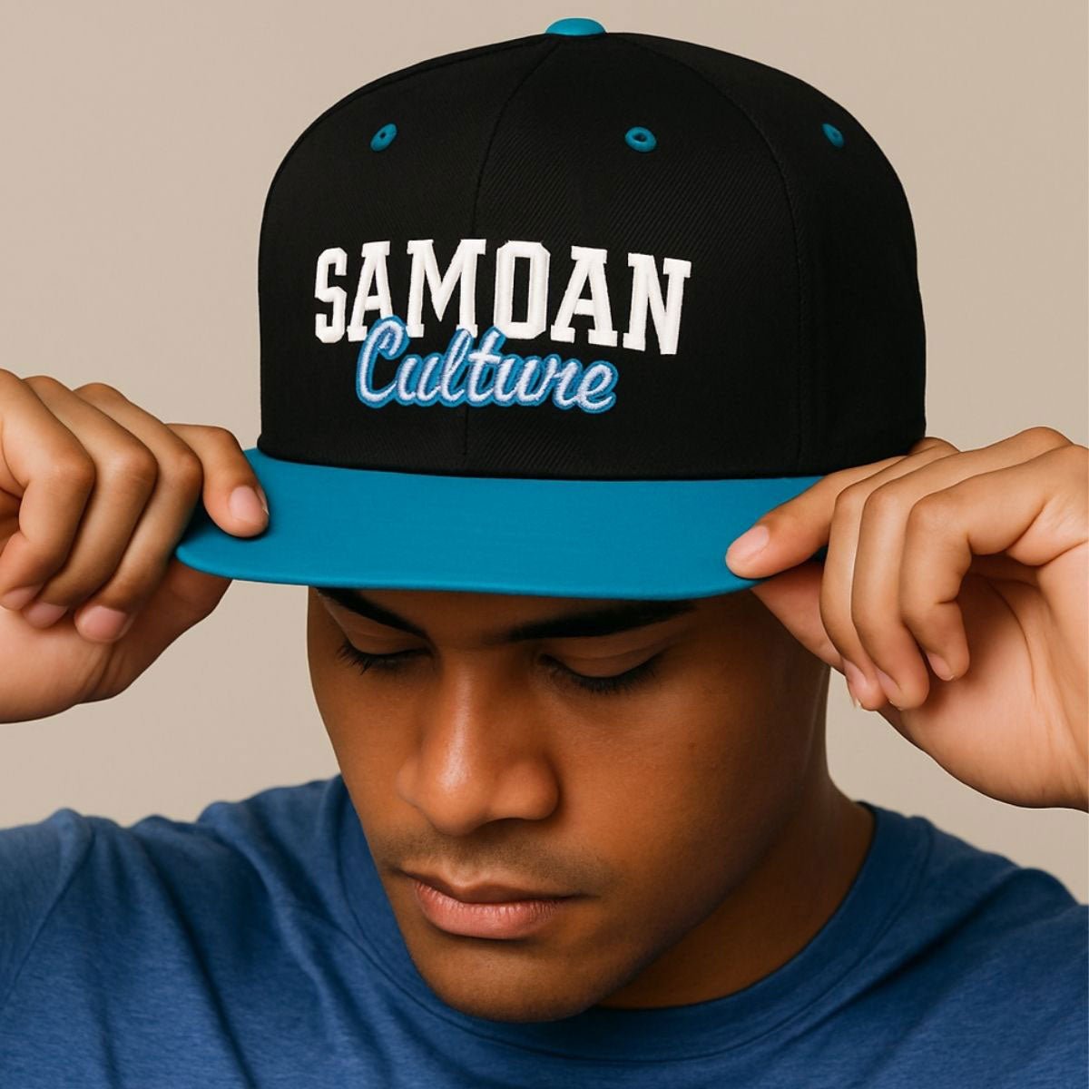 Fulfill Engine flat bill snapback hat featuring blue and white Samoan culture embroidery, black teal design, one size fits most.
