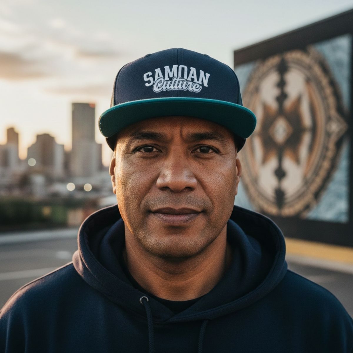 Black teal flat bill snapback hat by Fulfill Engine with Samoan culture blue and white embroidery, one size fits most.